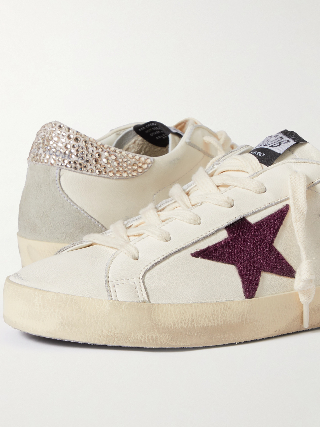 Shop Golden Goose Super-star Crystal-embellished Velvet-trimmed Distressed Leather Sneakers In White