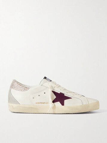 Golden Goose Super-Star crystal-embellished velvet-trimmed distressed leather sneakers