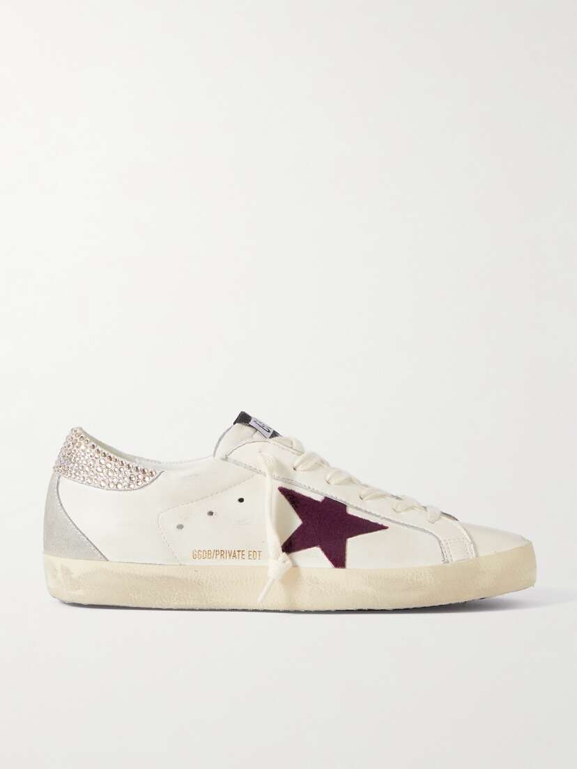 Golden Goose Super-star Crystal-embellished Velvet-trimmed Distressed Leather Sneakers