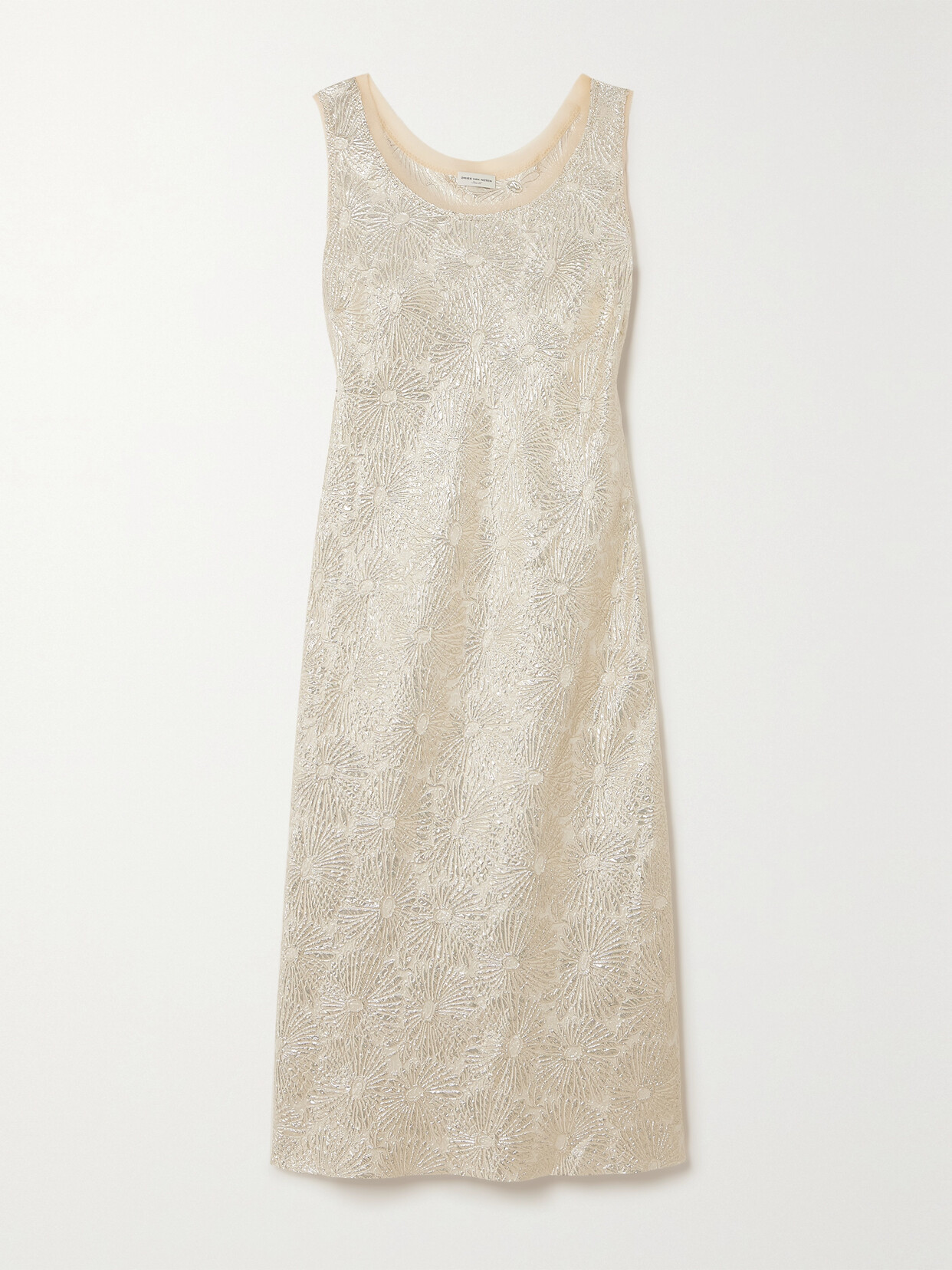 Dries Van Noten - Voile-trimmed Metallic Silk-blend Brocade Midi Dress - Silver