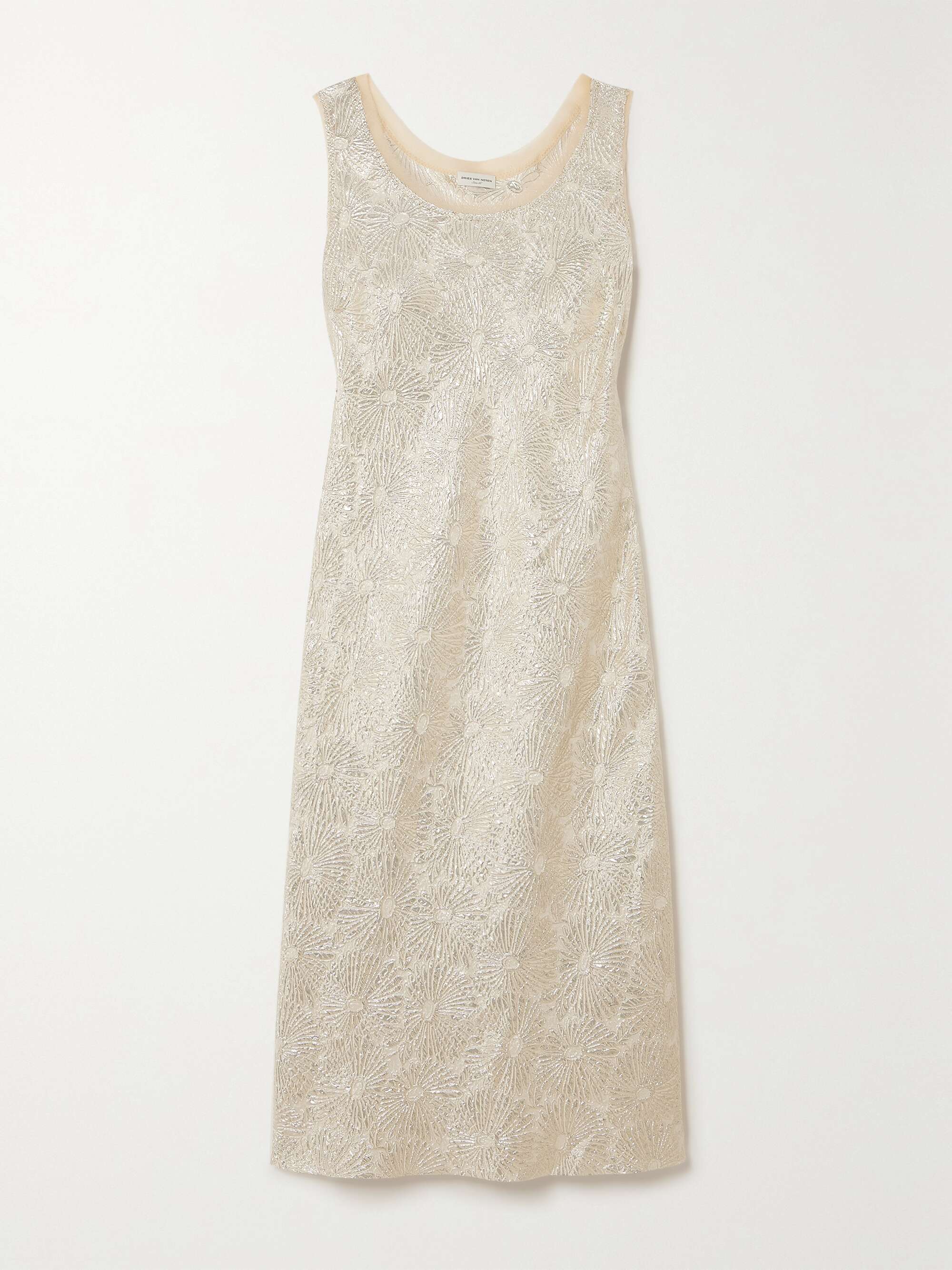 DRIES VAN NOTEN Voile-trimmed metallic silk-blend brocade midi dress ...