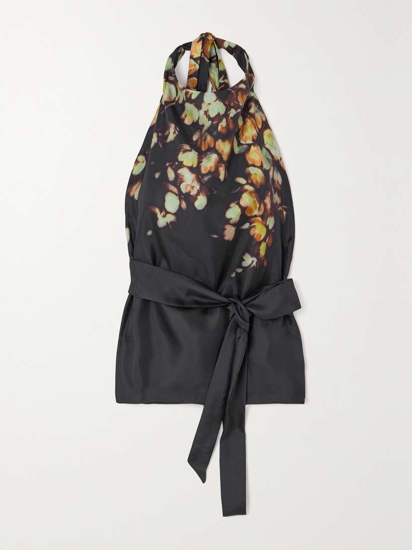 Dries Van Noten Belted Printed Silk Halterneck Top