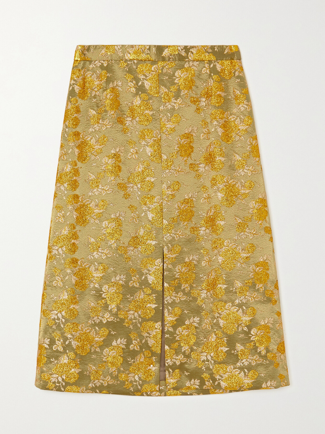 DRIES VAN NOTEN METALLIC EMBROIDERED BROCADE MIDI SKIRT