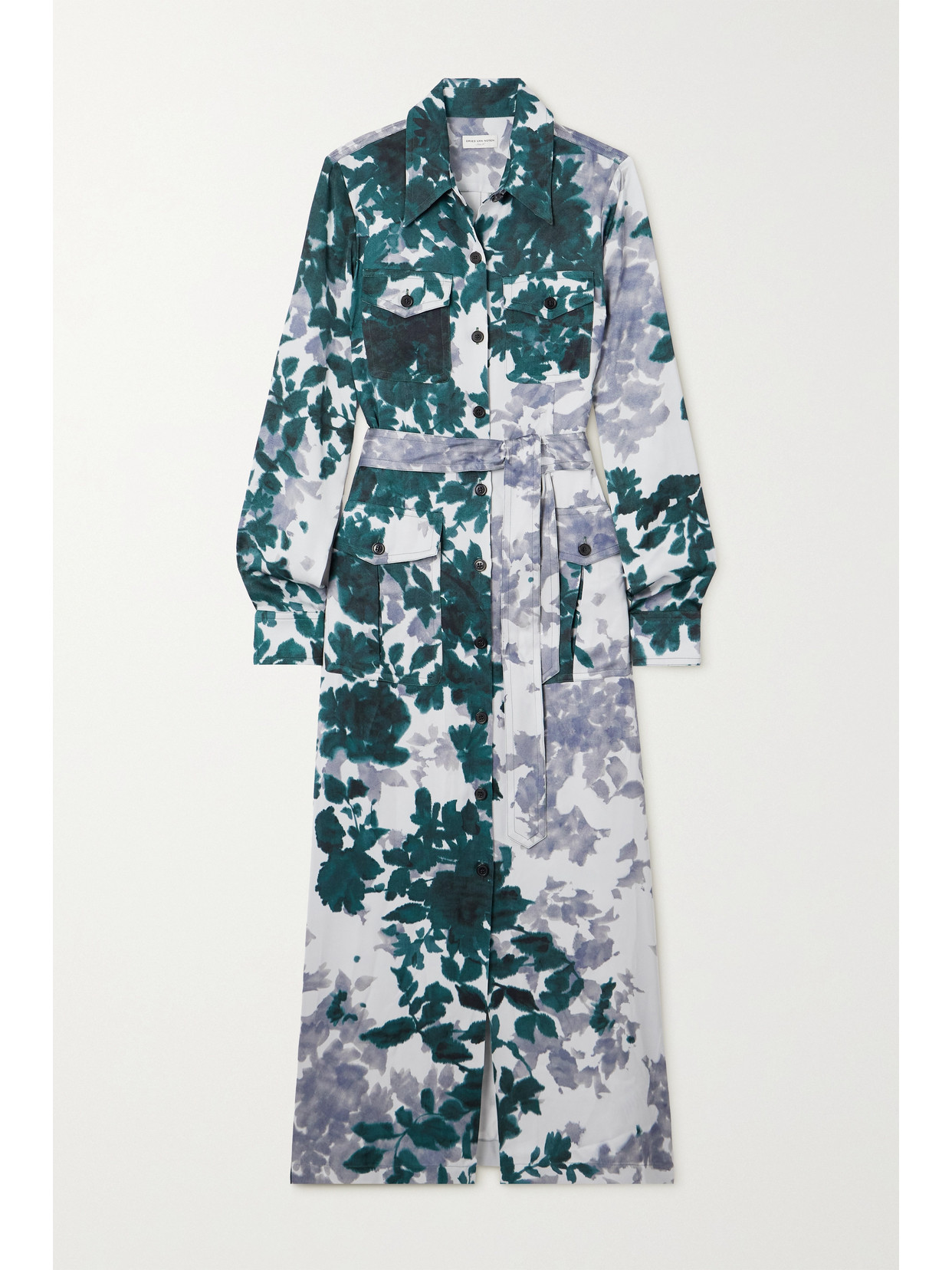 Dries Van Noten - Belted Floral-print Satin Midi Shirt Dress - Blue