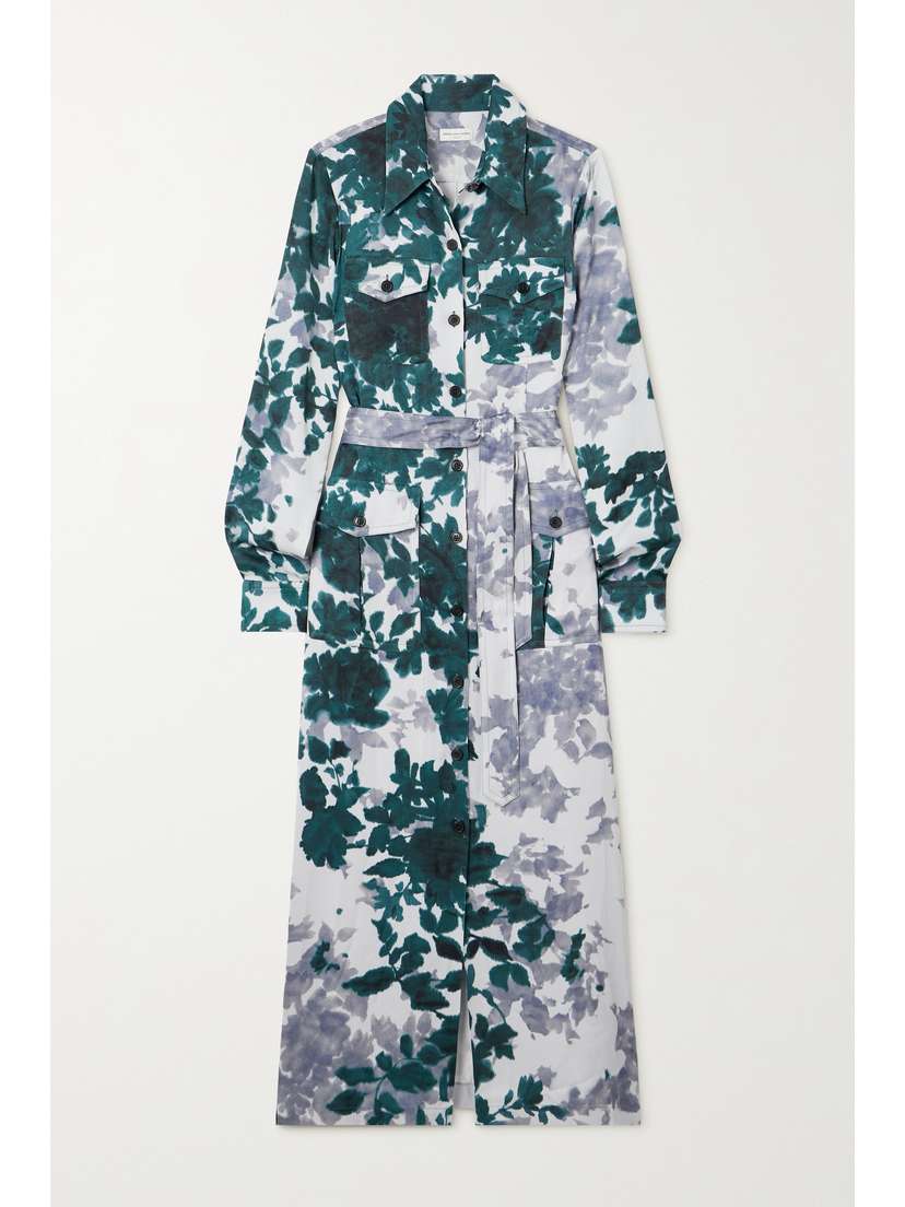 Dries Van Noten Belted Floral-print Satin Midi Shirt Dress