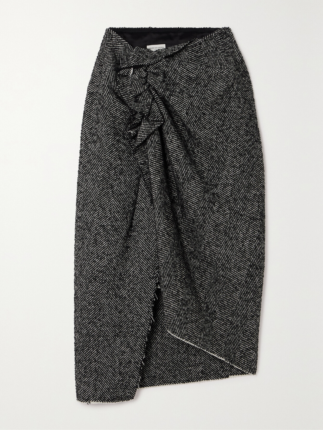 Shop Dries Van Noten Wrap-effect Gathered Herringbone Wool-blend Midi Skirt In Black