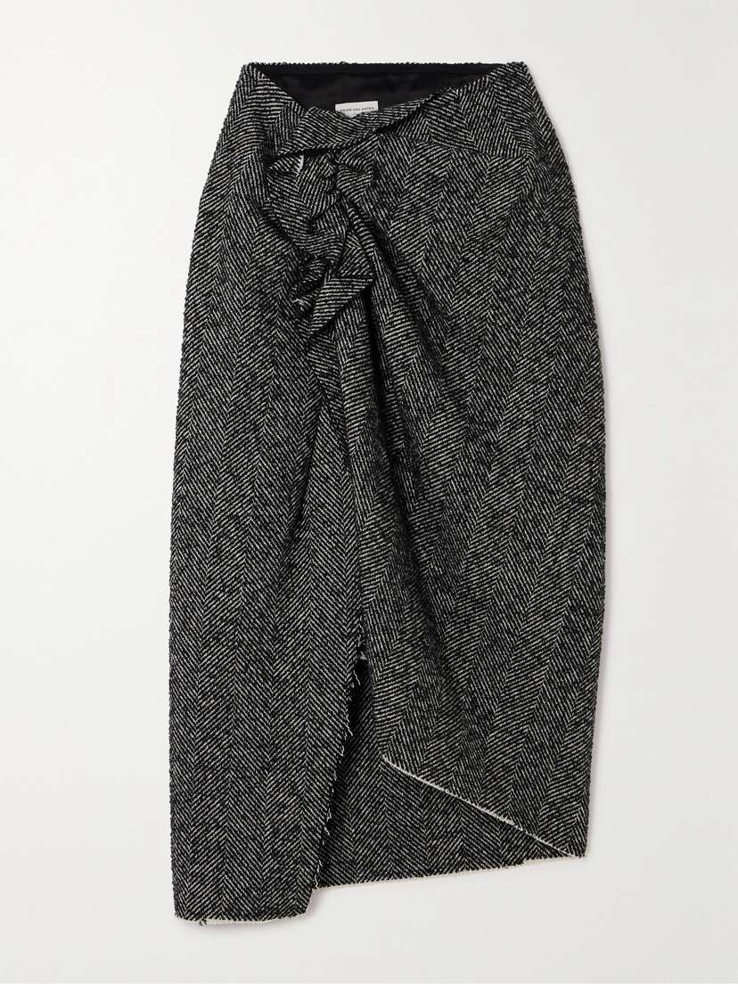 Dries Van Noten Wrap-effect Gathered Herringbone Wool-blend Midi Skirt