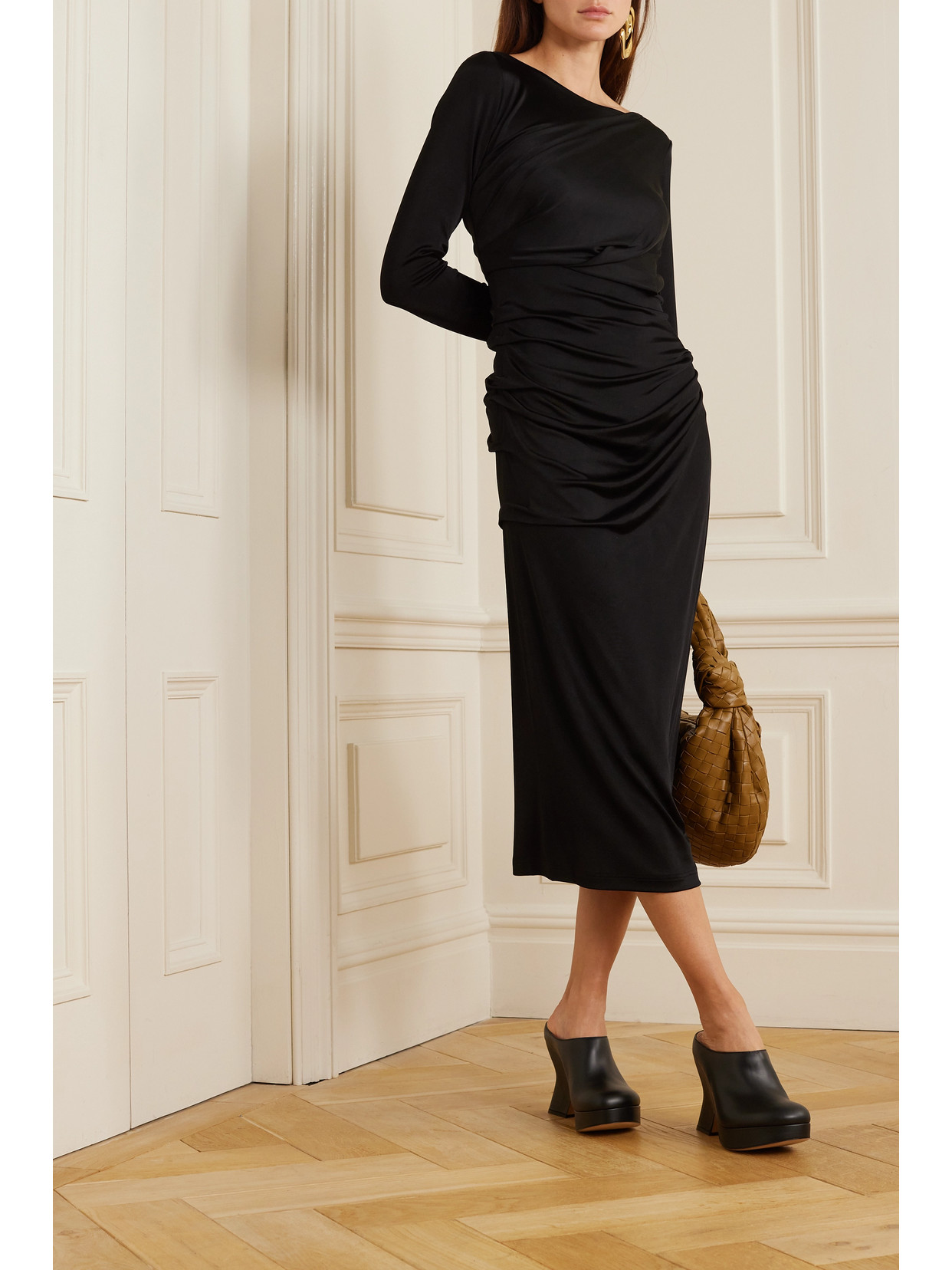 Shop Dries Van Noten Gathered Stretch-jersey Midi Dress In Black