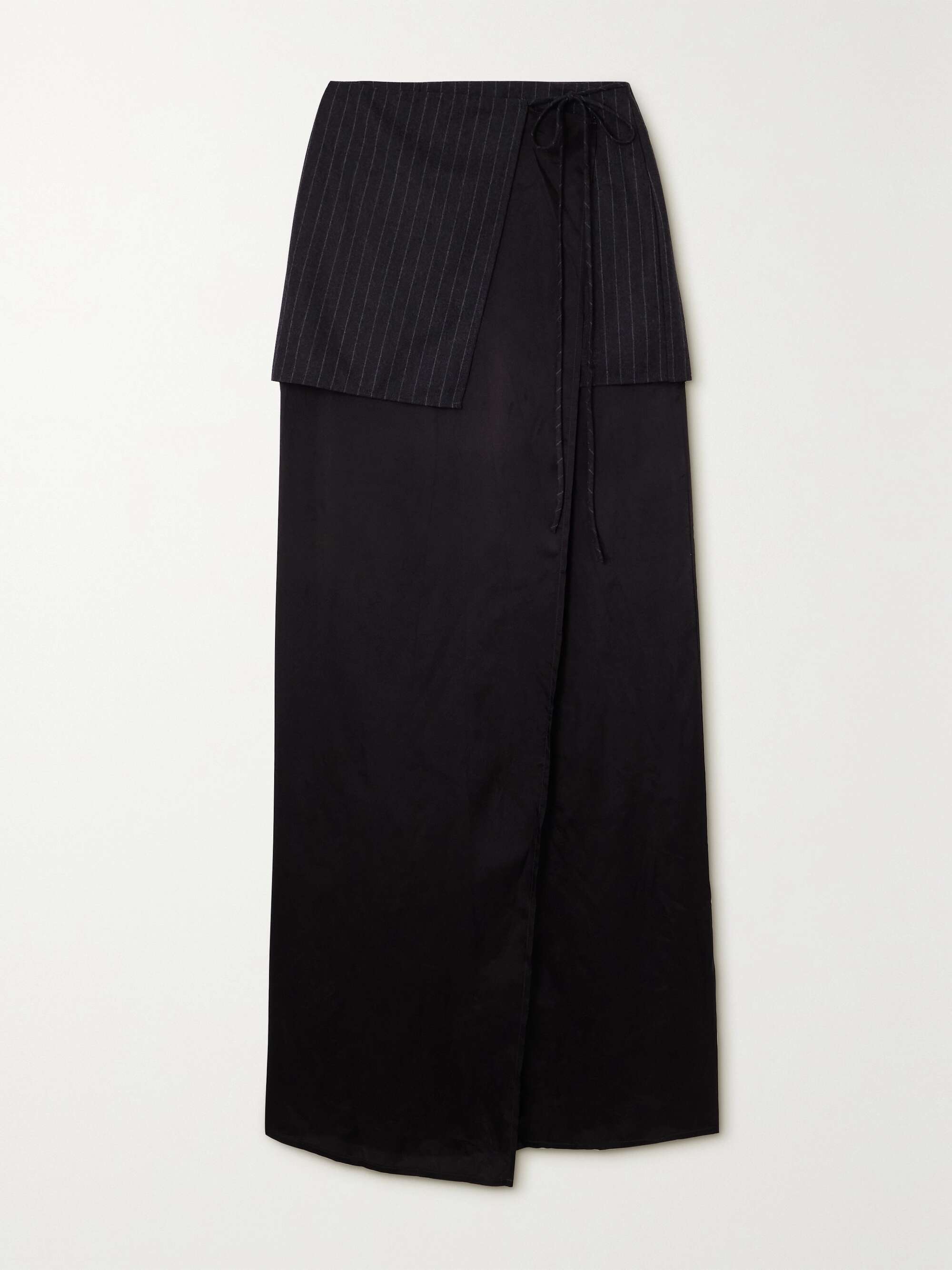 DRIES VAN NOTEN Layered pinstriped wool and satin maxi wrap skirt