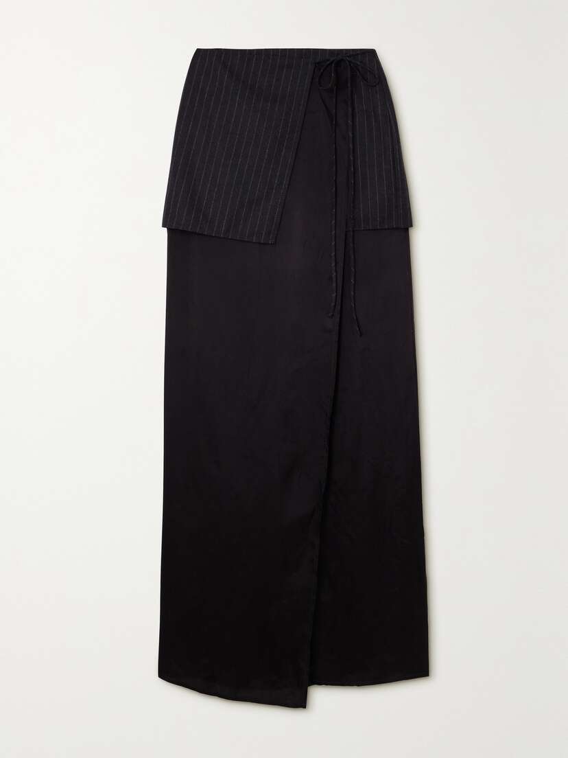 Dries Van Noten Layered Pinstriped Wool And Satin Maxi Wrap Skirt