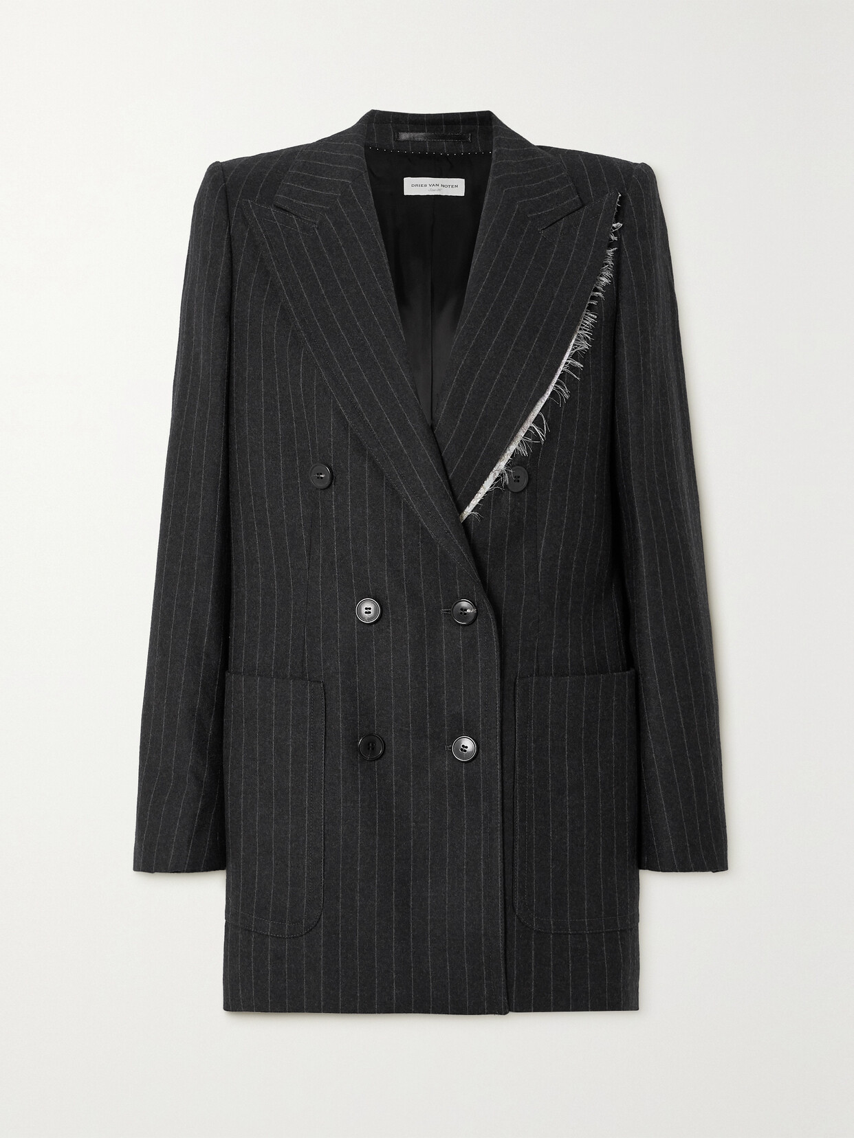 Shop Dries Van Noten Double-breasted Distressed Brocade-trimmed Pinstriped Wool-blend Blazer In Gray