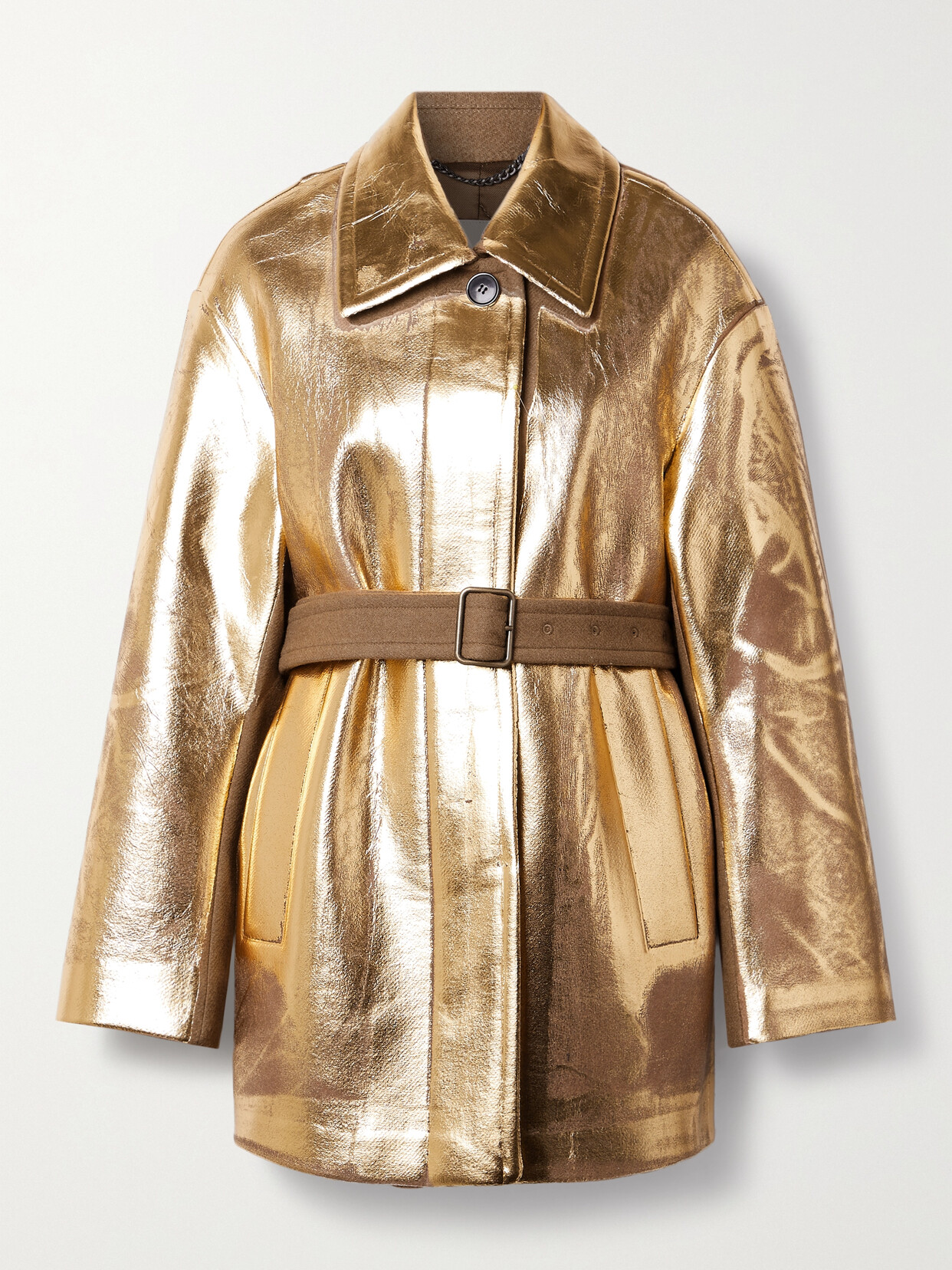 Dries Van Noten Belted Metallic Coated Wool-blend Coat In Brown