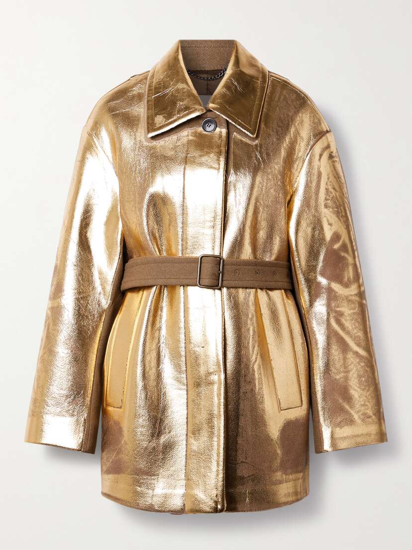 Dries Van Noten Belted Metallic Coated Wool-blend Coat