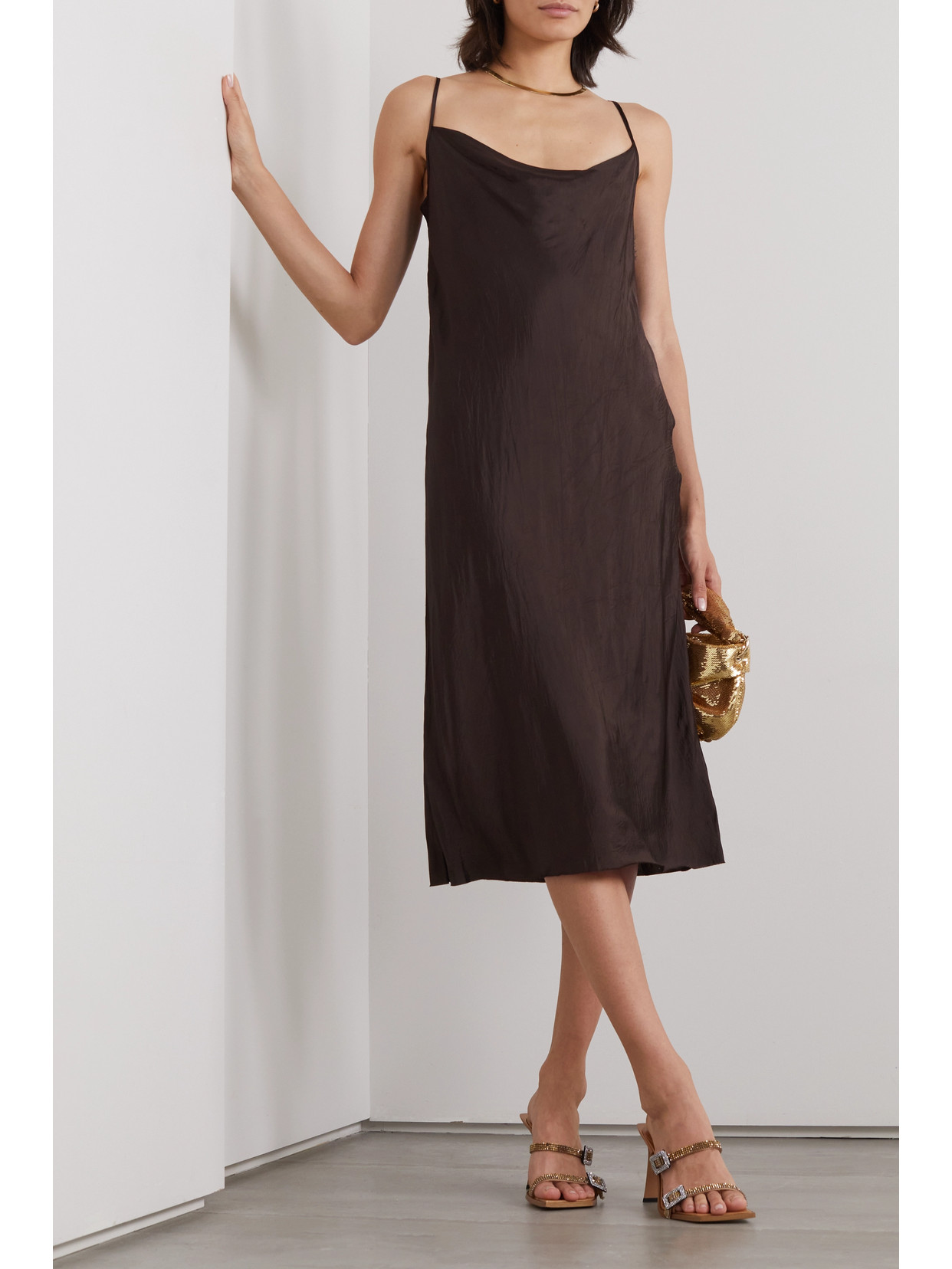 Shop Dries Van Noten Draped Crinkled-shell Dress In Brown