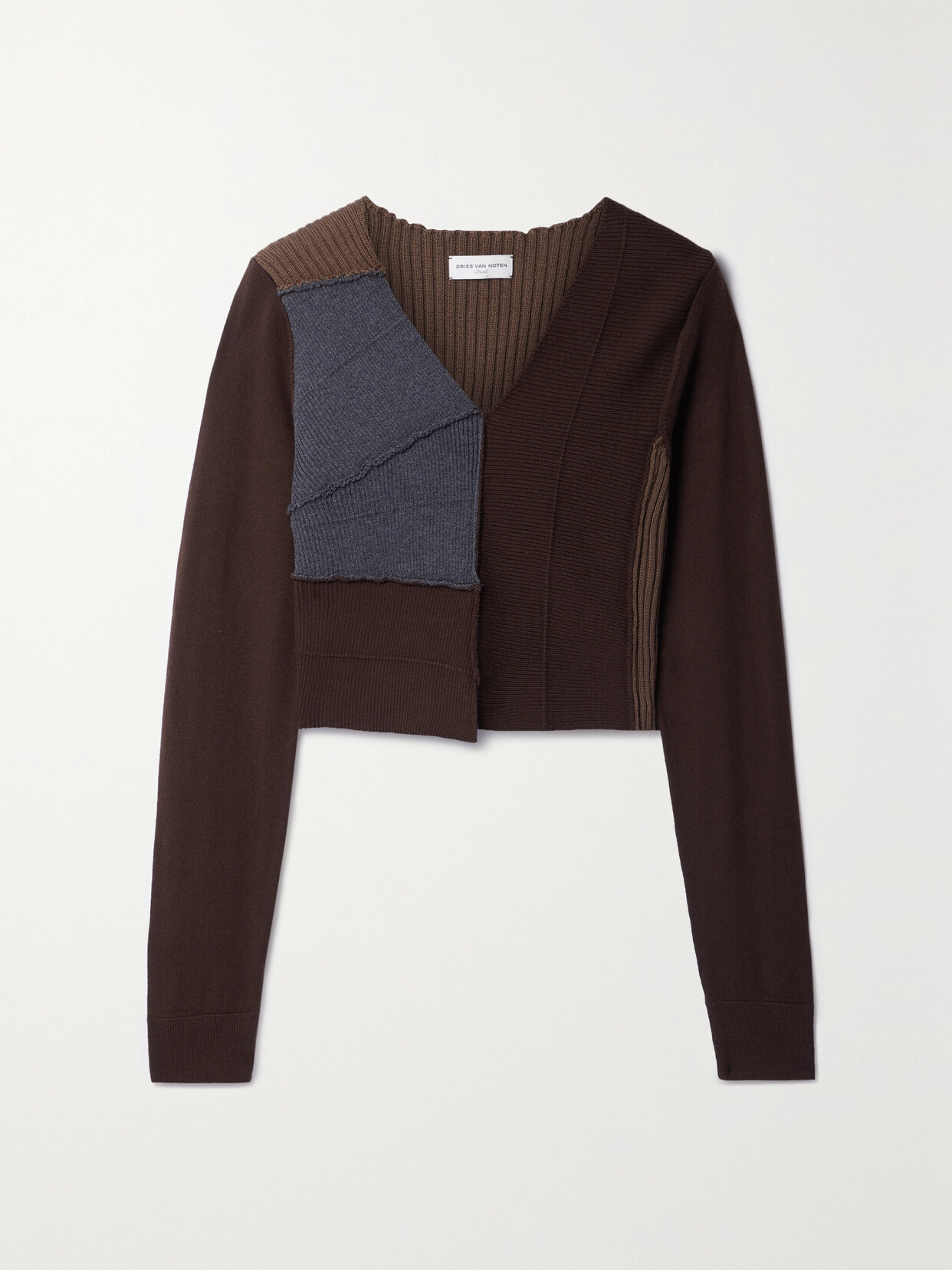 Dries Van Noten Cropped Paneled Ribbed Merino Wool Sweater In Brown