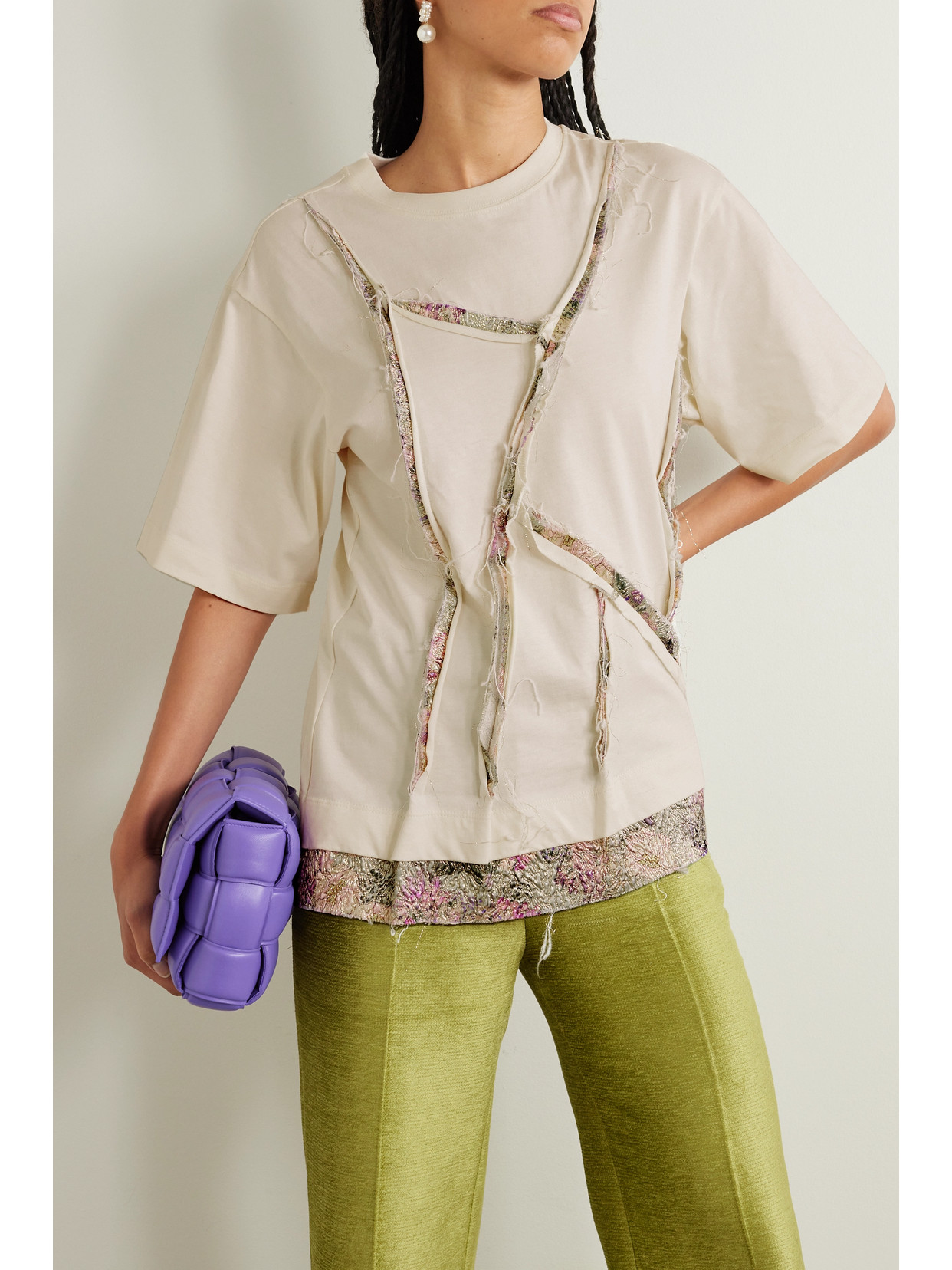 Frayed Brocade-Trimmed Cotton-Blend T-Shirt