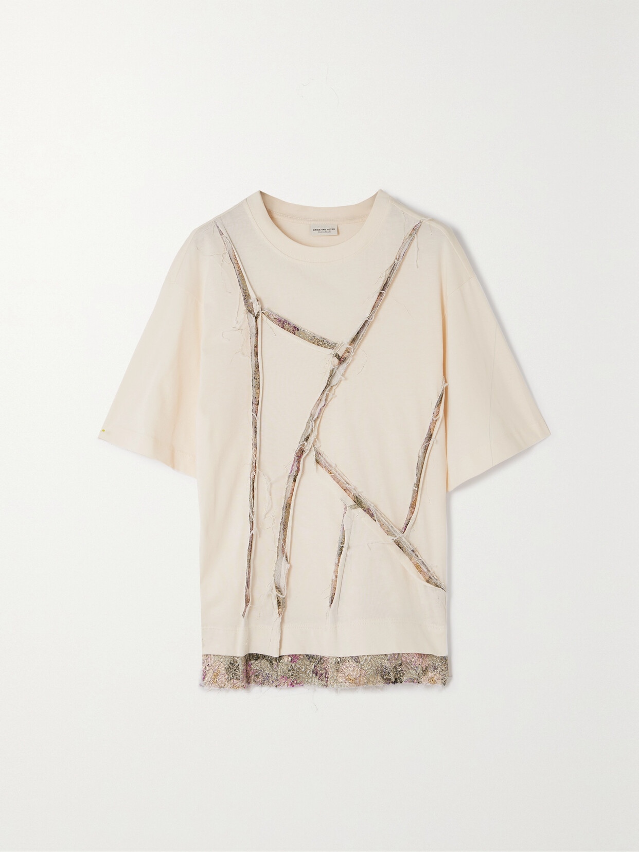 Dries Van Noten Helena Frayed Brocade-trimmed Cotton-blend T-shirt In Ecru