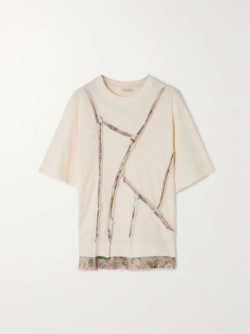 Dries Van Noten Frayed Brocade-trimmed Cotton-blend T-shirt