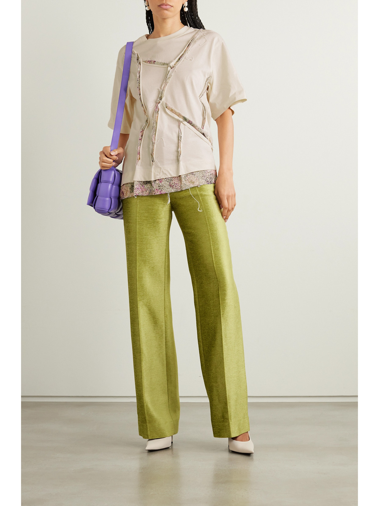 Frayed Brocade-Trimmed Cotton-Blend T-Shirt