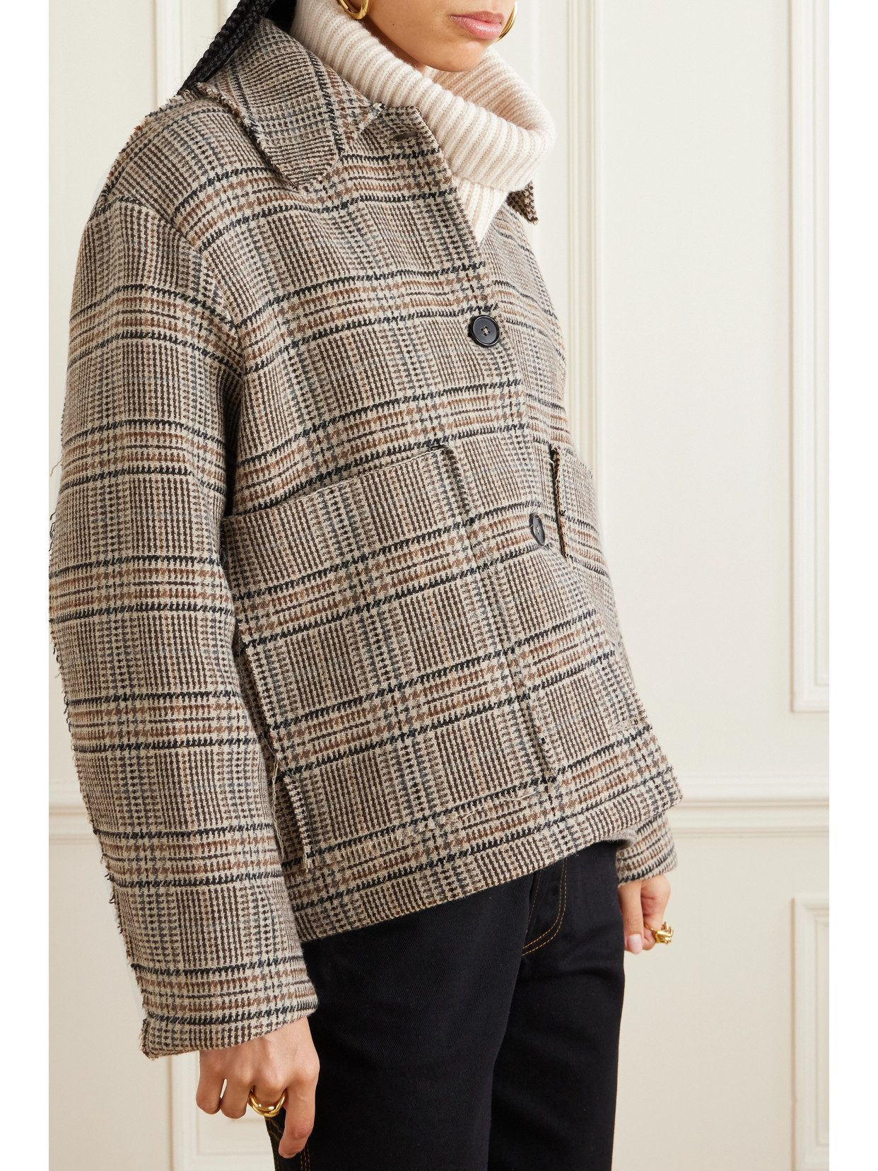 Shop Kassl Editions Distressed Checked Wool-blend Coat In Brown