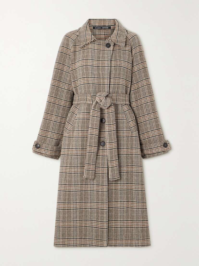 Kassl Editions Distressed Belted Checked Wool-blend Coat