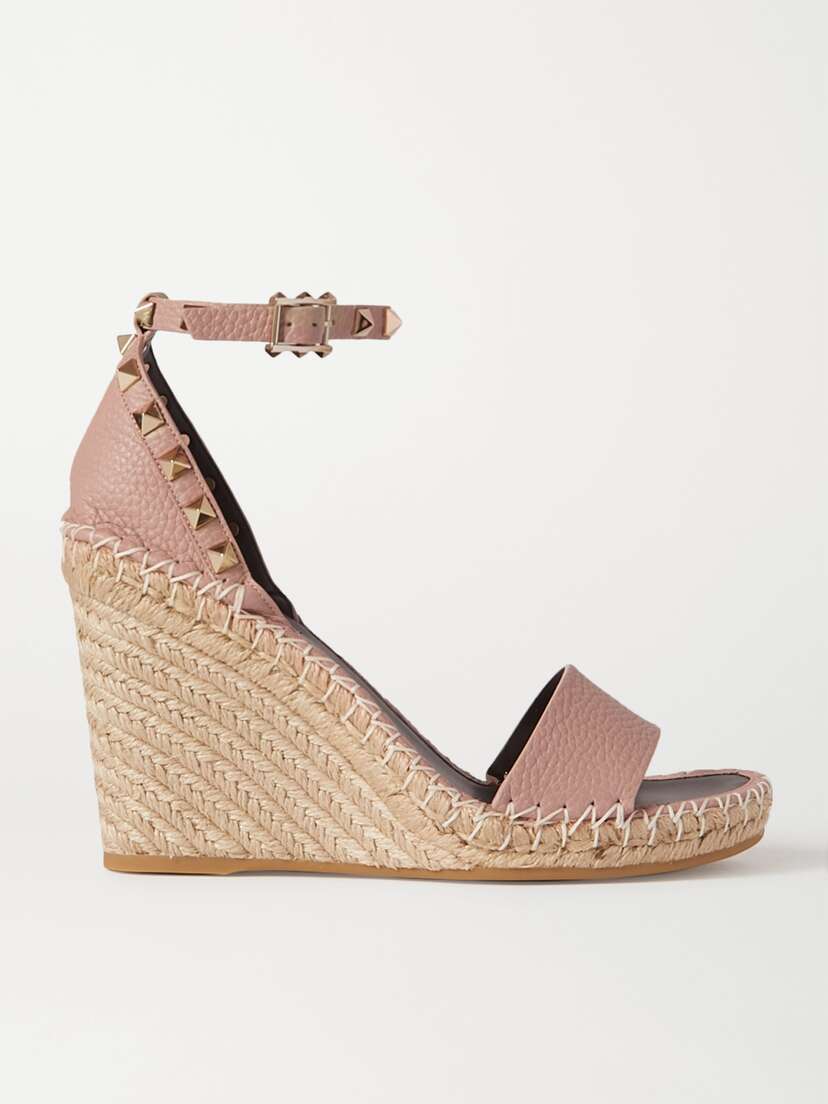 Valentino Garavani — Rockstud 105 textured-leather espadrille wedge sandals
