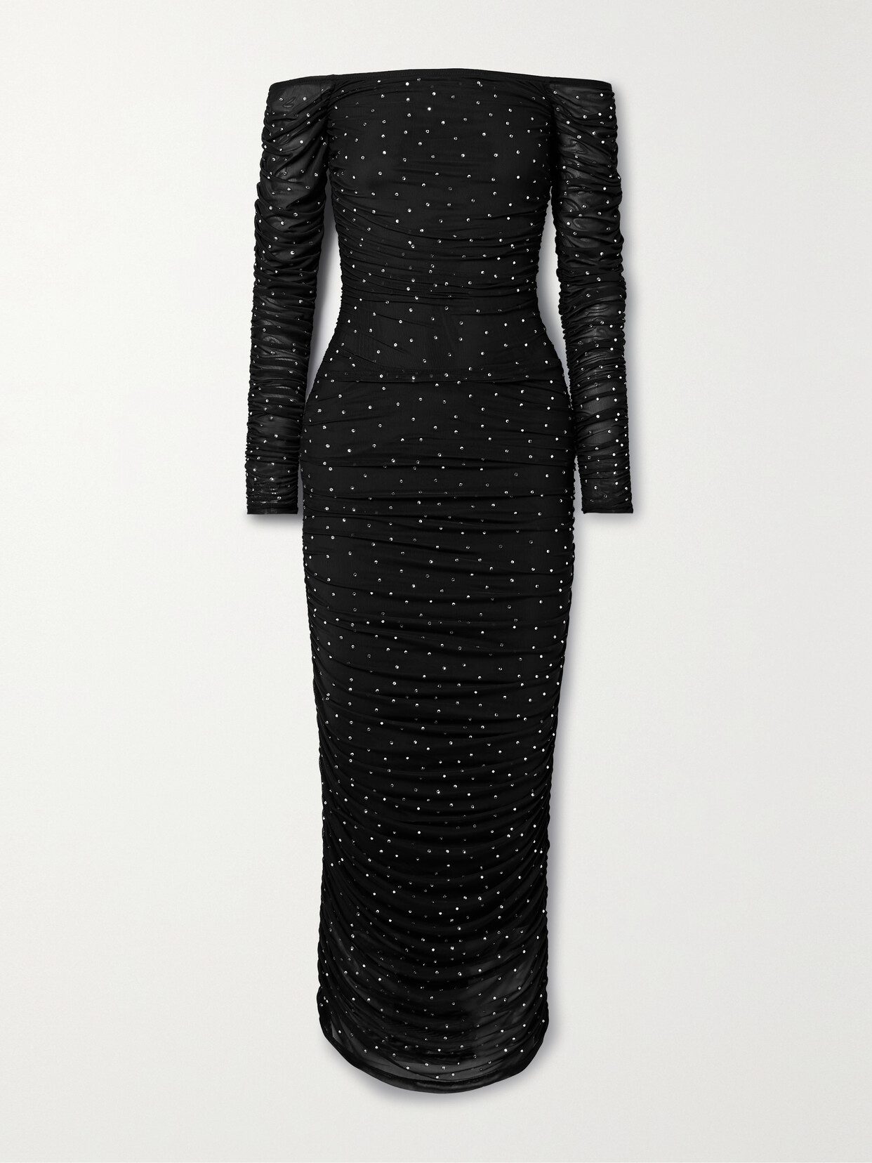 CAROLINE CONSTAS Aria Off-the-shoulder Crystal-embellished Ruched Stretch-mesh Maxi Dress - Black