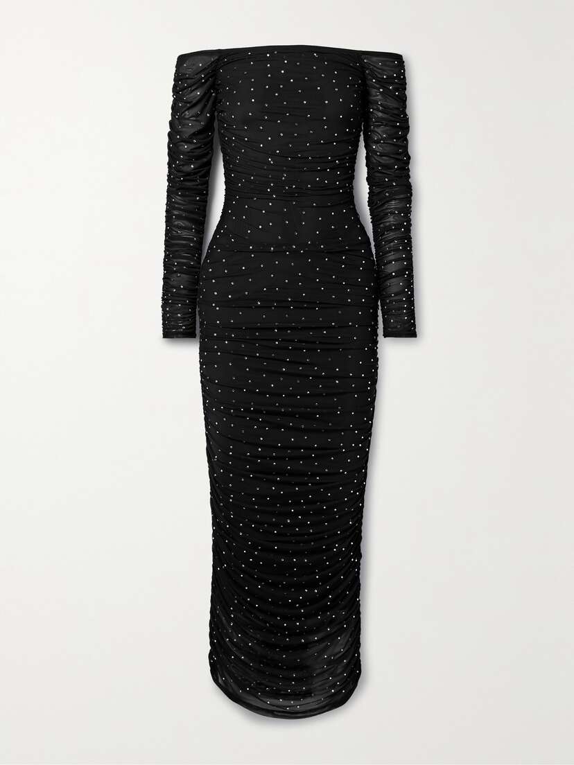 CAROLINE CONSTAS Aria Off-the-shoulder Crystal-embellished Ruched Stretch-mesh Maxi Dress