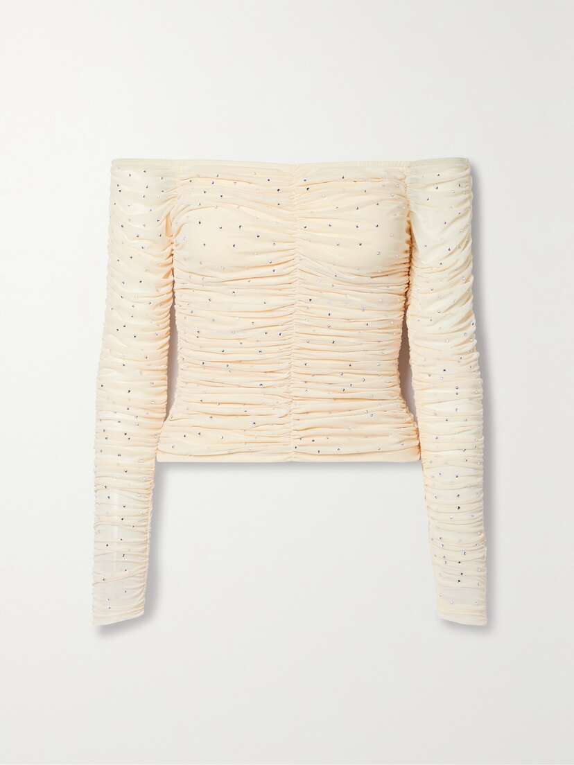 CAROLINE CONSTAS Velma Off-the-shoulder Crystal-embellished Ruched Stretch-mesh Top