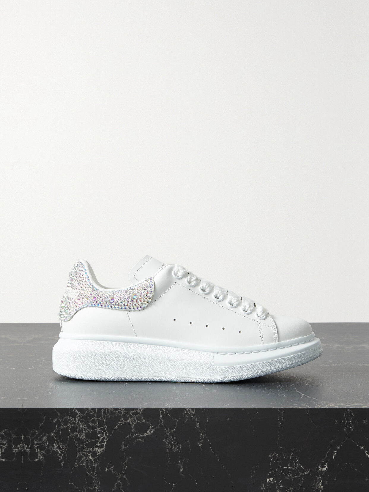 ALEXANDER MCQUEEN CRYSTAL-EMBELLISHED LEATHER EXAGGERATED-SOLE SNEAKERS