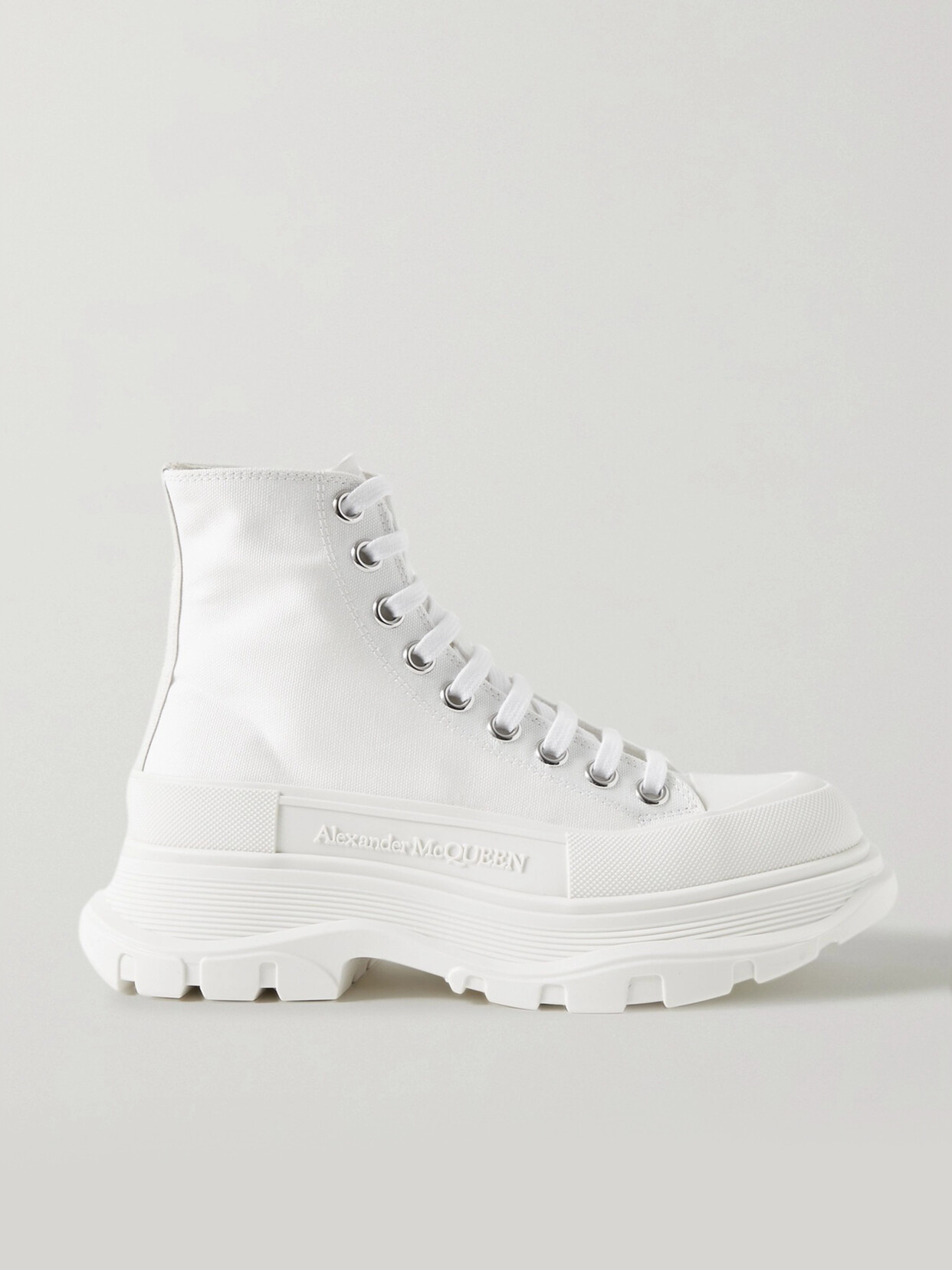 Shop Alexander Mcqueen Canvas Exaggerated-sole High-top Sneakers In White