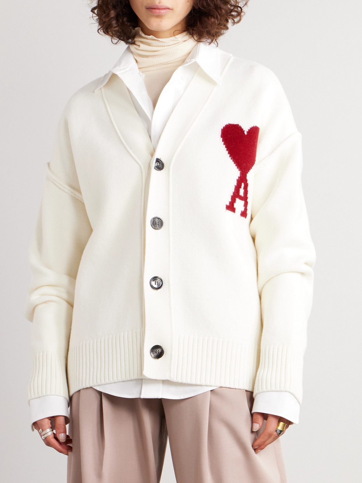 Shop Ami Alexandre Mattiussi + Net Sustain Intarsia Merino Wool Cardigan In Off-white