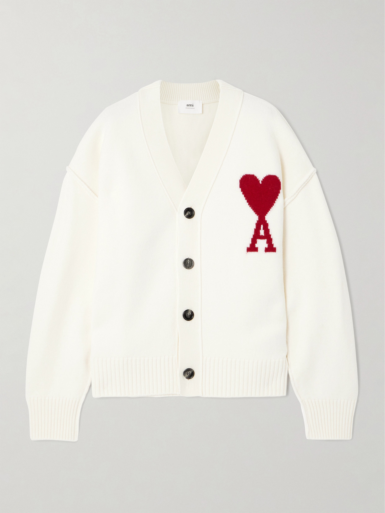 Ami Alexandre Mattiussi + Net Sustain Intarsia Merino Wool Cardigan In Off-white