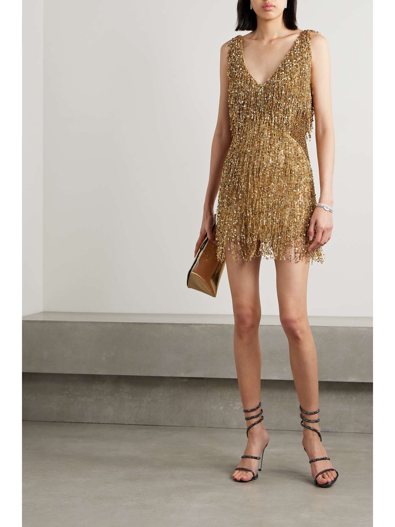 slim fit dress slacks Zapaka Women Golden 1920s Dress Spaghetti Straps Fringed Roaring 20s Great Gatsby Dress, Golden / S main image 0