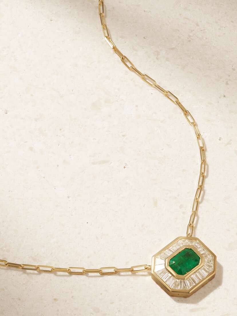 SHAY Mini Deco 18-karat Gold, Emerald And Diamond Necklace