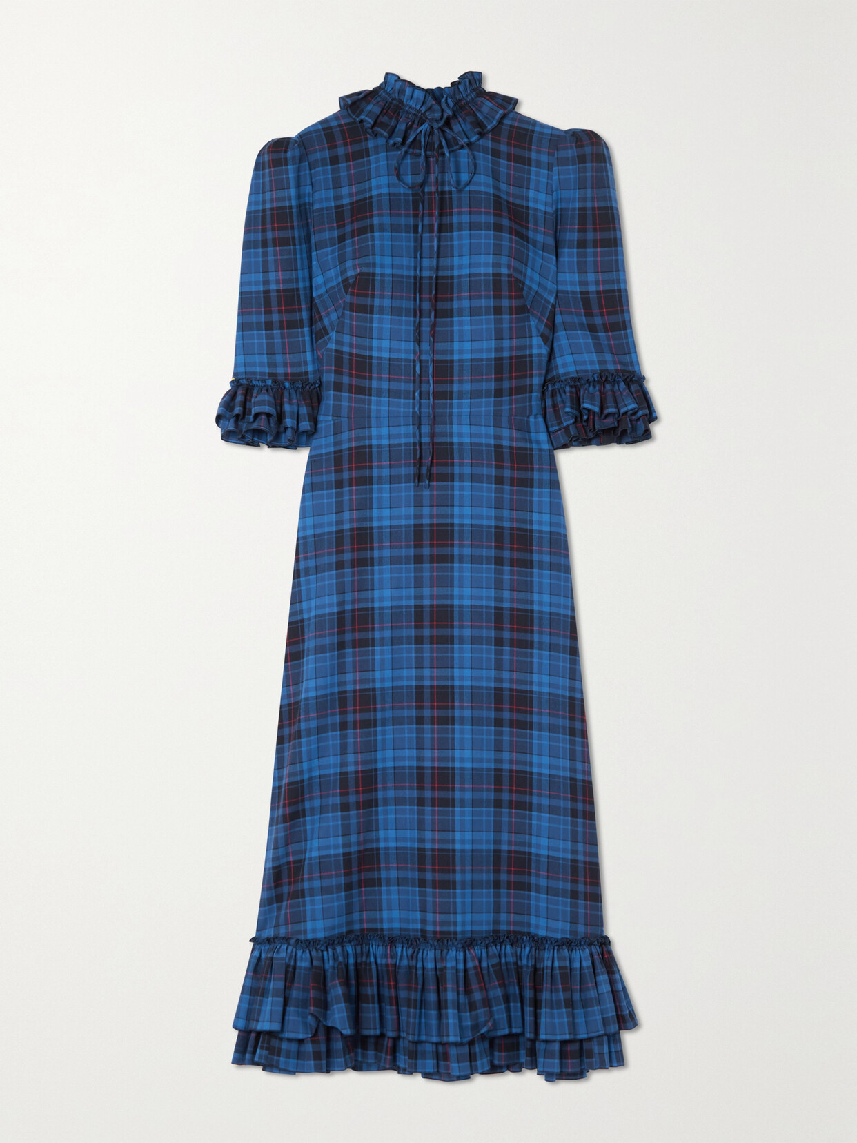 Shop The Vampire's Wife The Kansas Tie-detailed Checked Cotton-twill Midi Dress In Blue