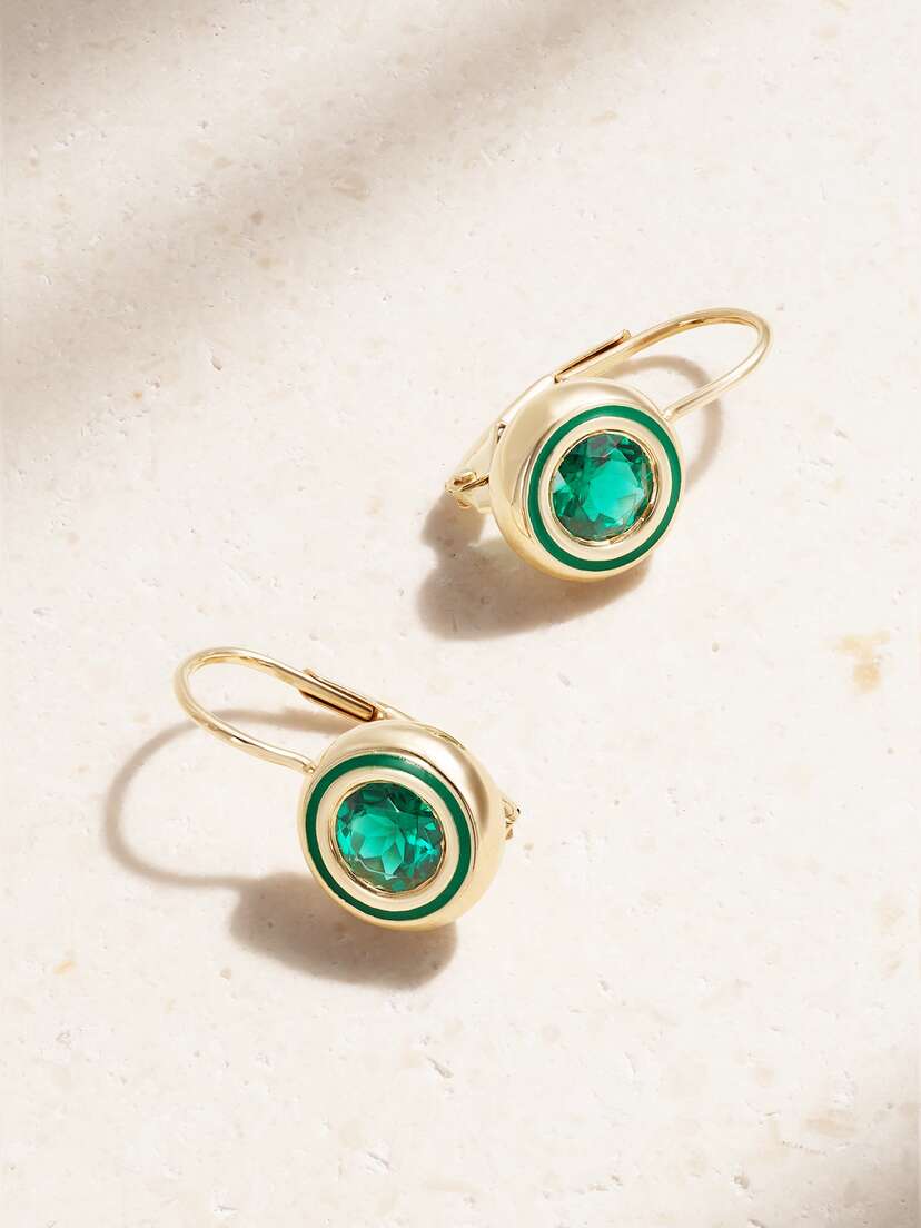 Alison Lou Cocktail 14-karat Gold, Labroatory-grown Emerald And Enamel Earrings