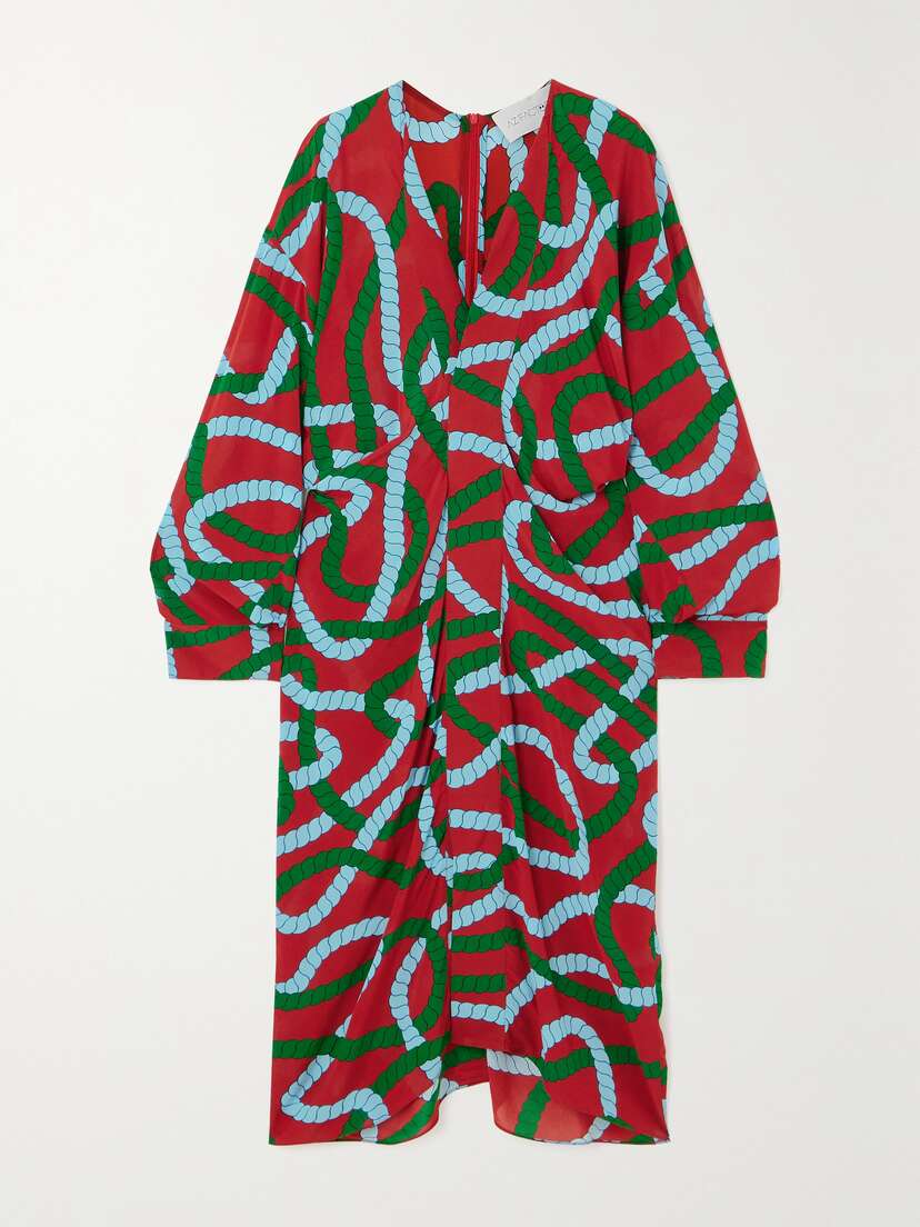 AZ Factory Draped Printed Crepe De Chine Midi Dress