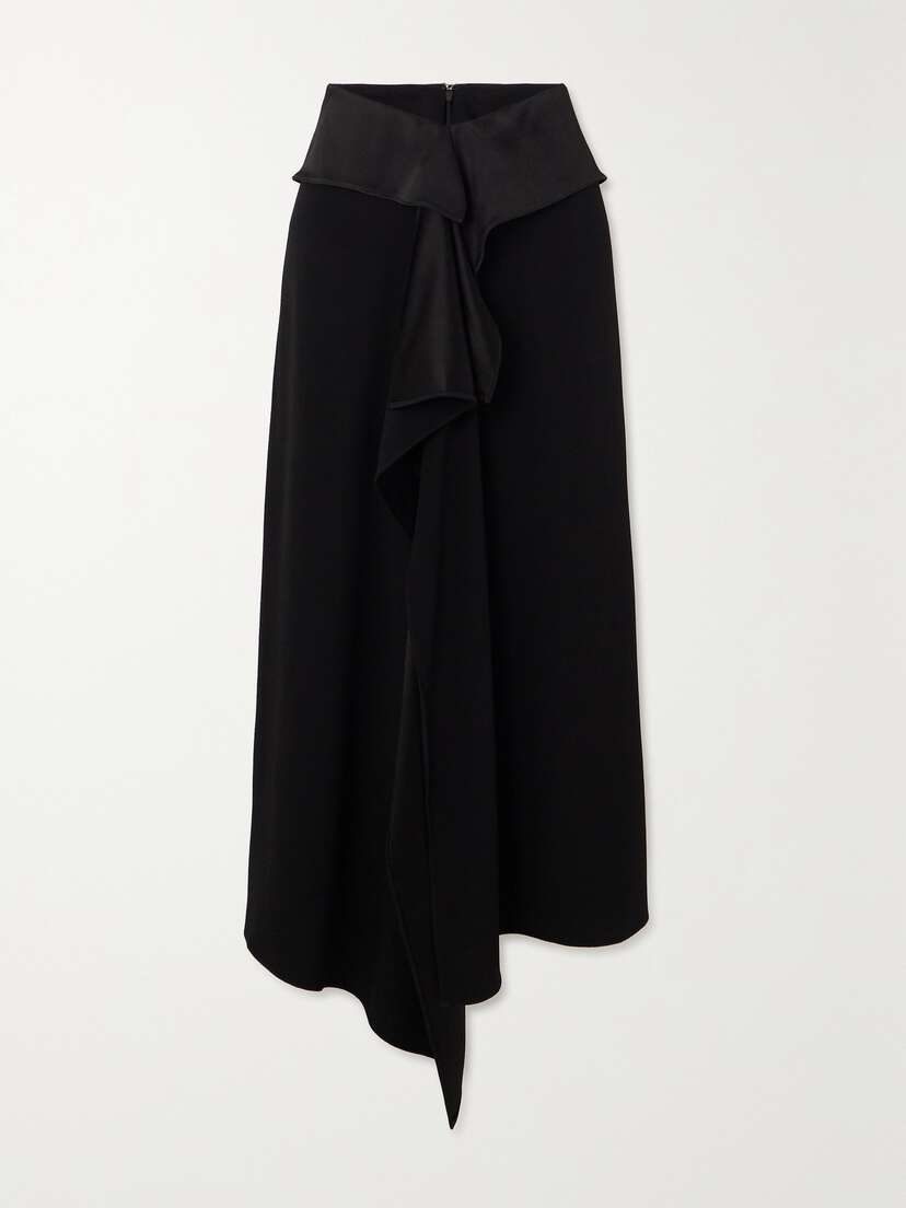 AZ Factory Asymmetric Ruffled Satin-trimmed Crepe Midi Skirt