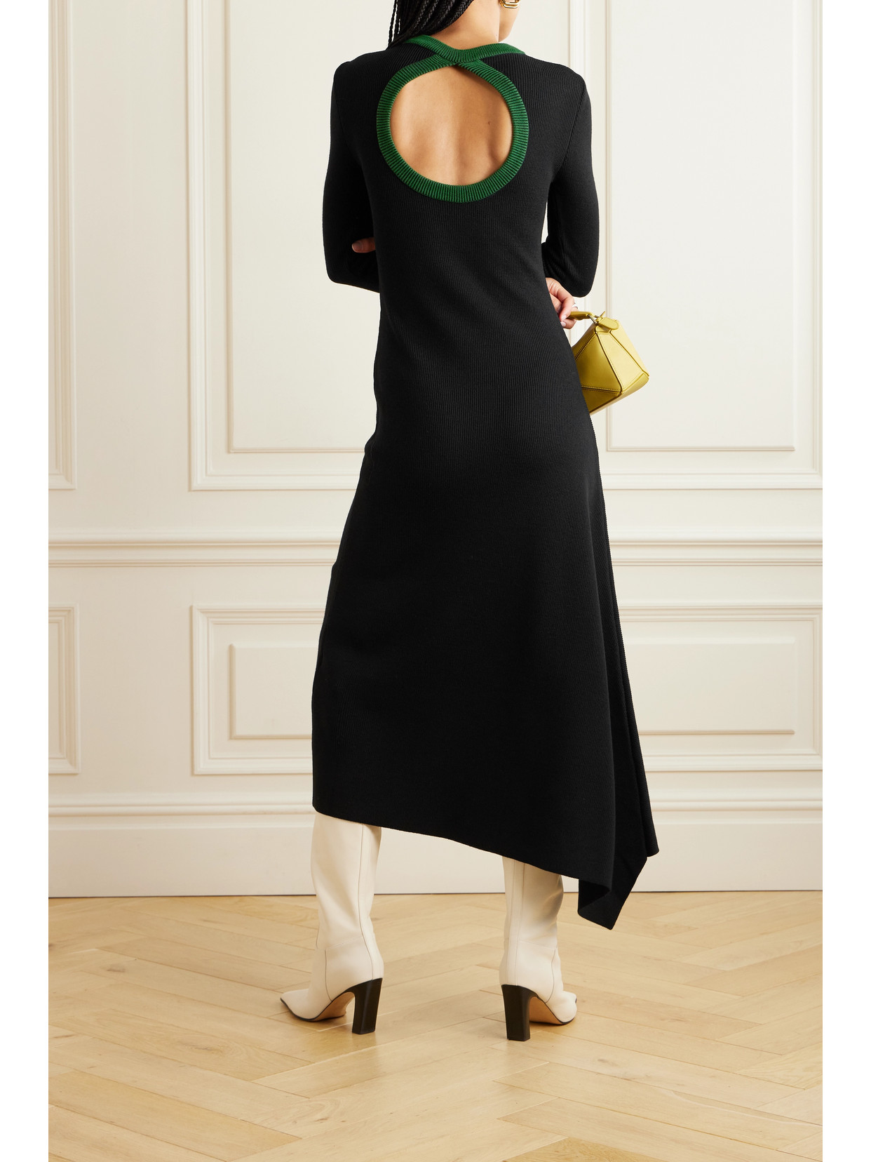 Az Factory Asymmetric Cut-out Ribbed Wool Midi Dress In Black