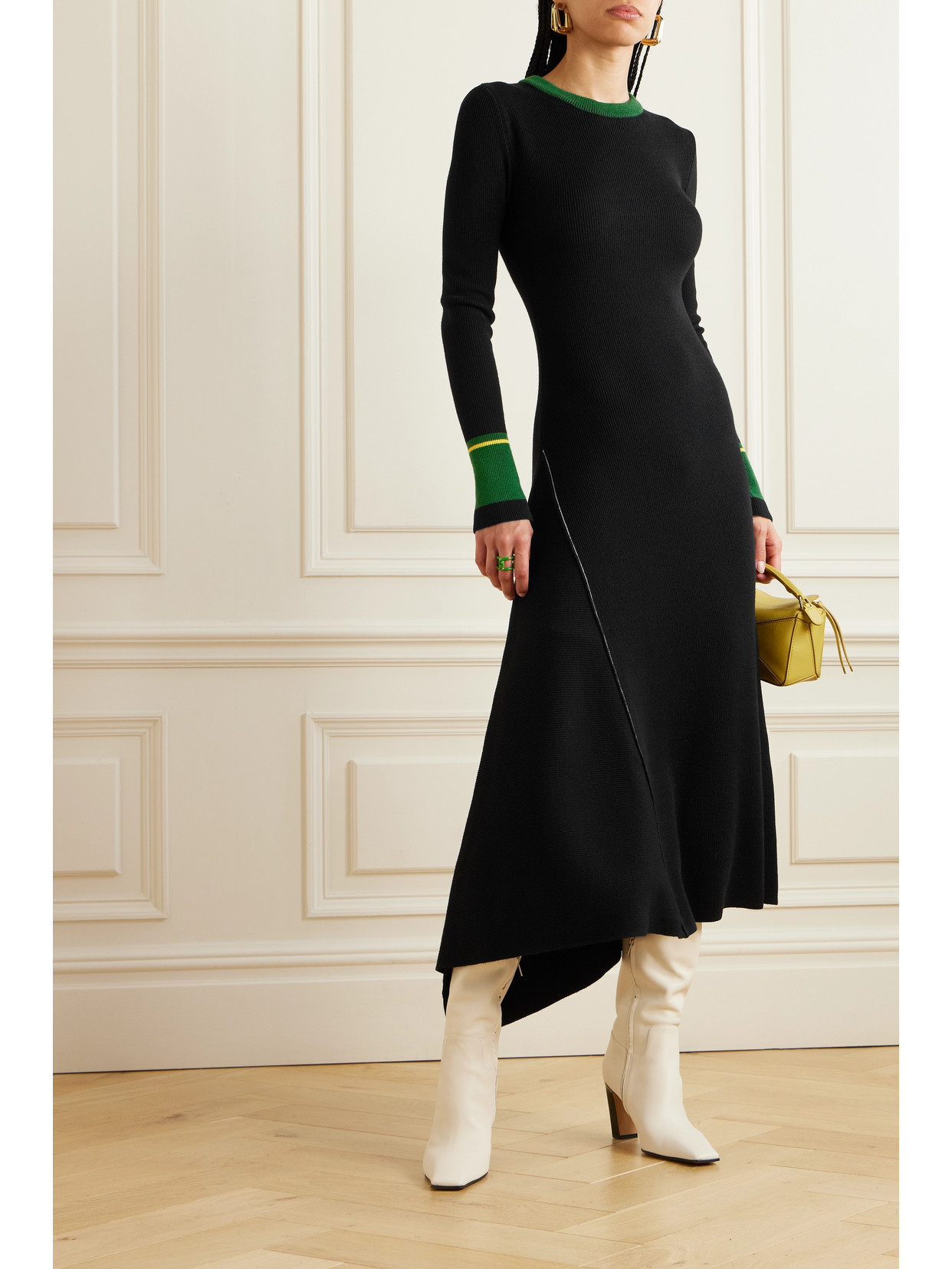Az Factory Asymmetric Cut-out Ribbed Wool Midi Dress In Black