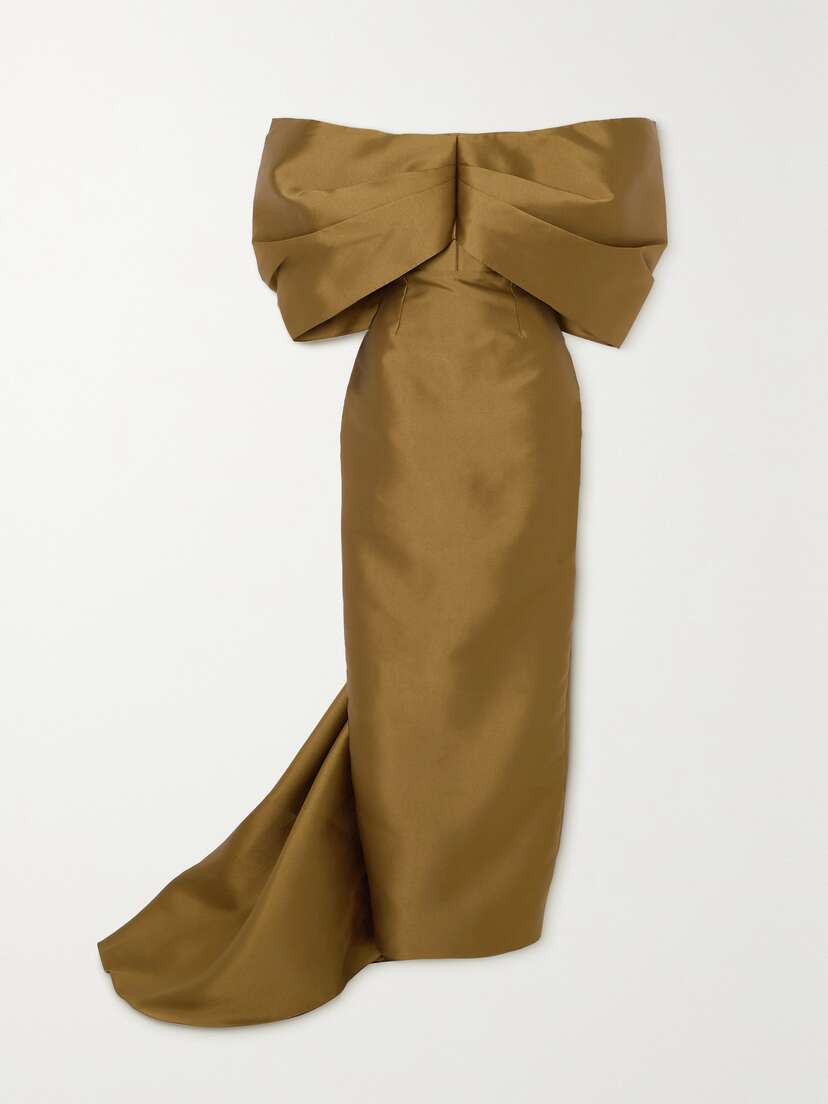 Solace London Delphina Off-the-shoulder Draped Metallic Satin-twill Gown