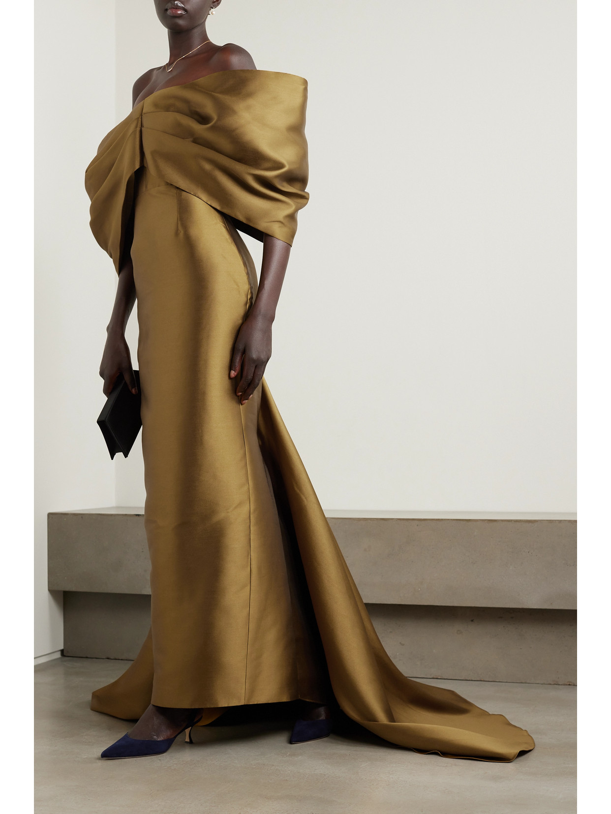 Shop Solace London Delphina Off-the-shoulder Draped Metallic Satin-twill Gown In Gold