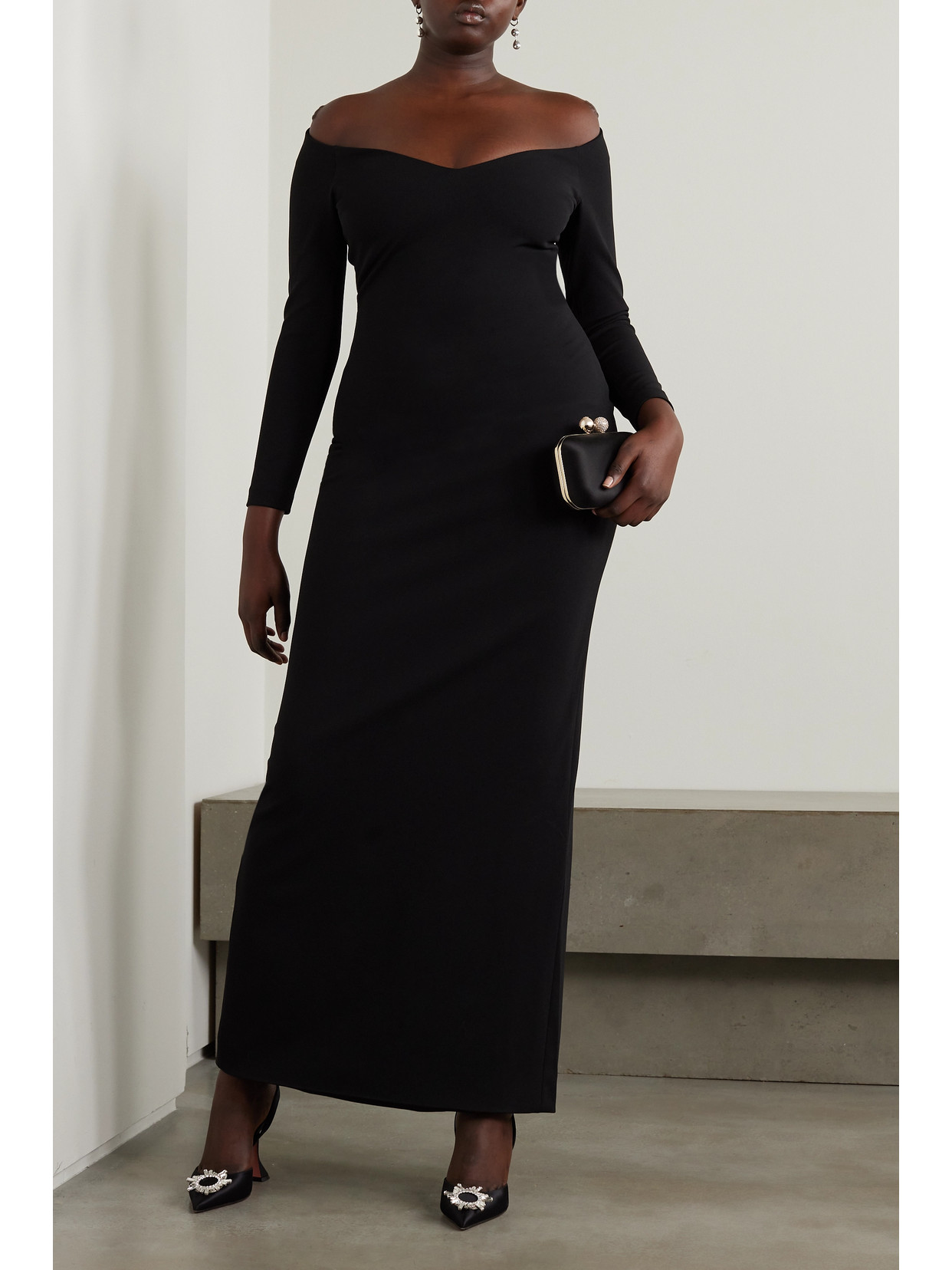 Shop Solace London Tara Off-the-shoulder Stretch-crepe Gown In Black