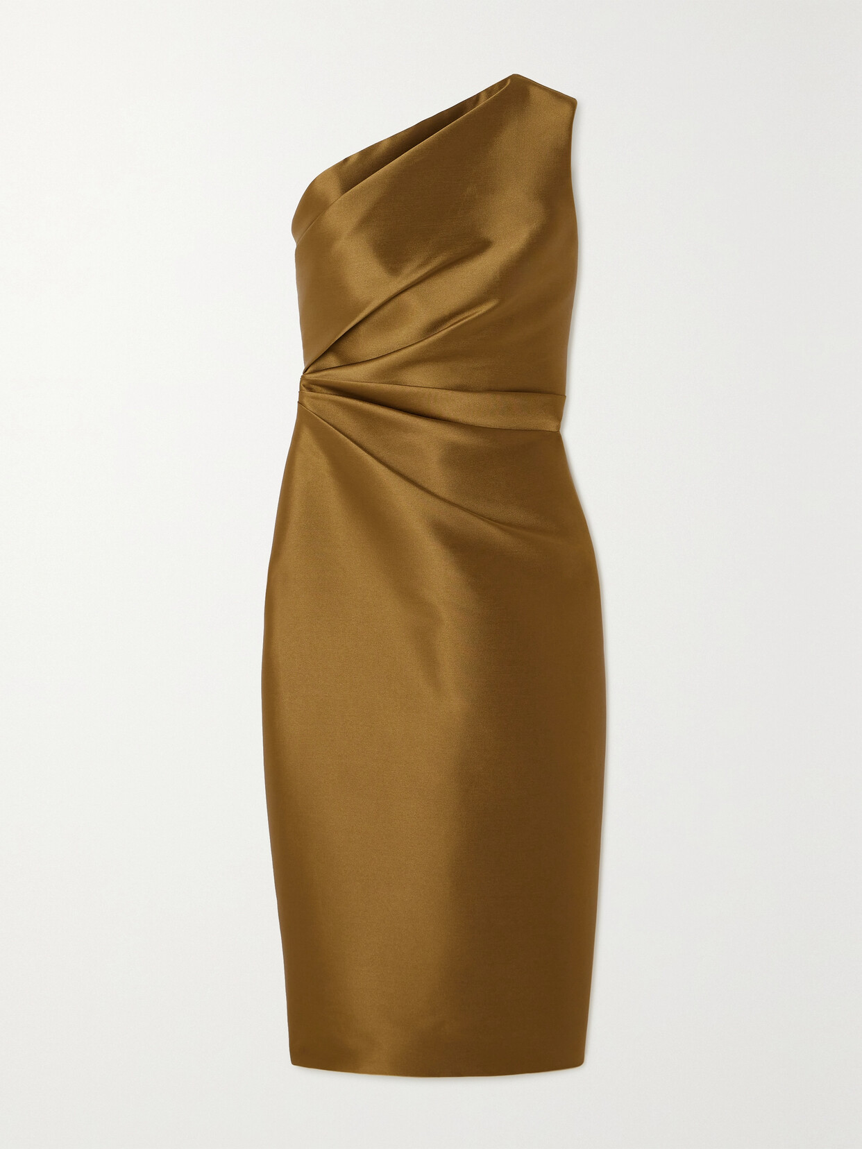 Shop Solace London Orla One-shoulder Gathered Satin-twill Midi Dress In Gold