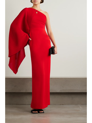Solace London Lillia one-shoulder draped plissé-chiffon and stretch-crepe gown
