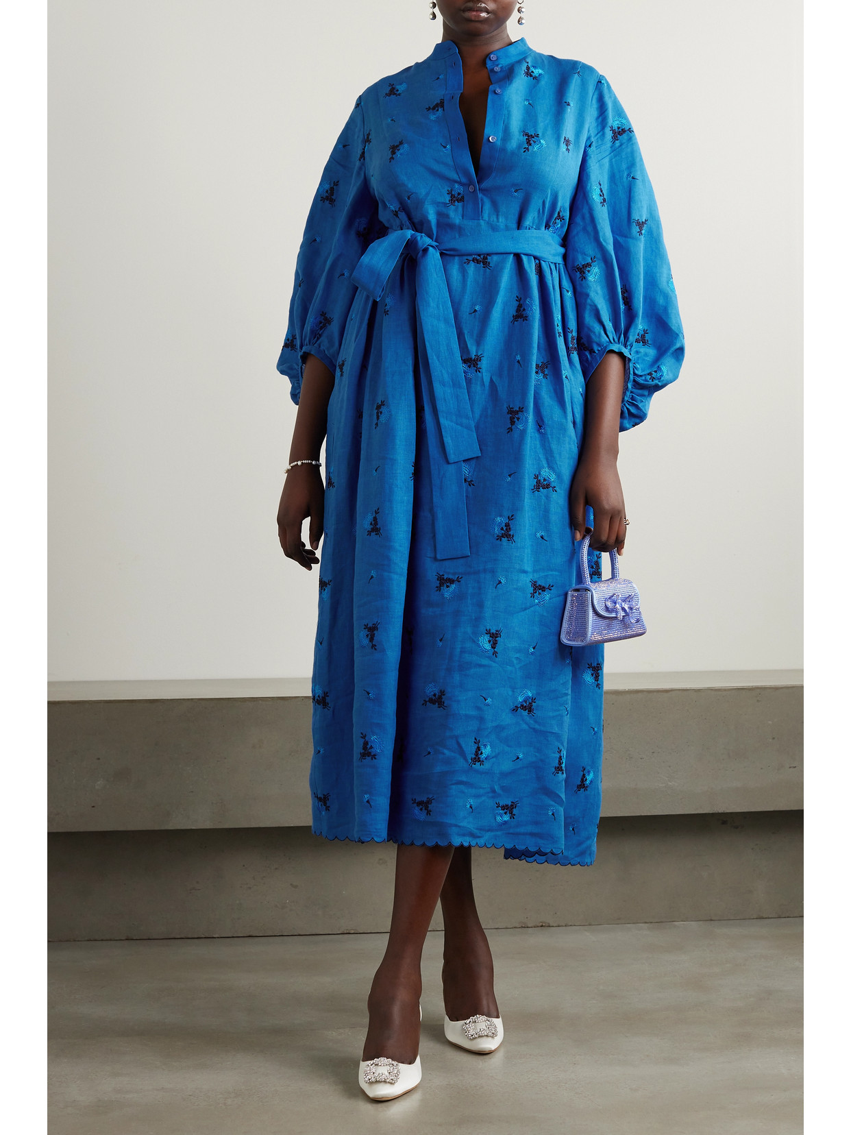 Shop Erdem Belted Embroidered Linen Midi Dress In Blue