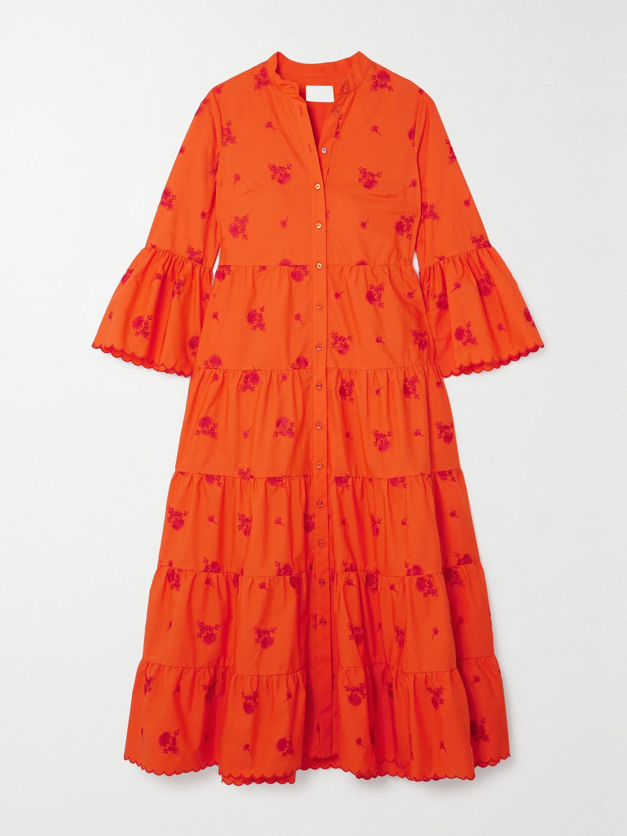 Erdem Floral-embroidered Tiered Midi Dress In Red