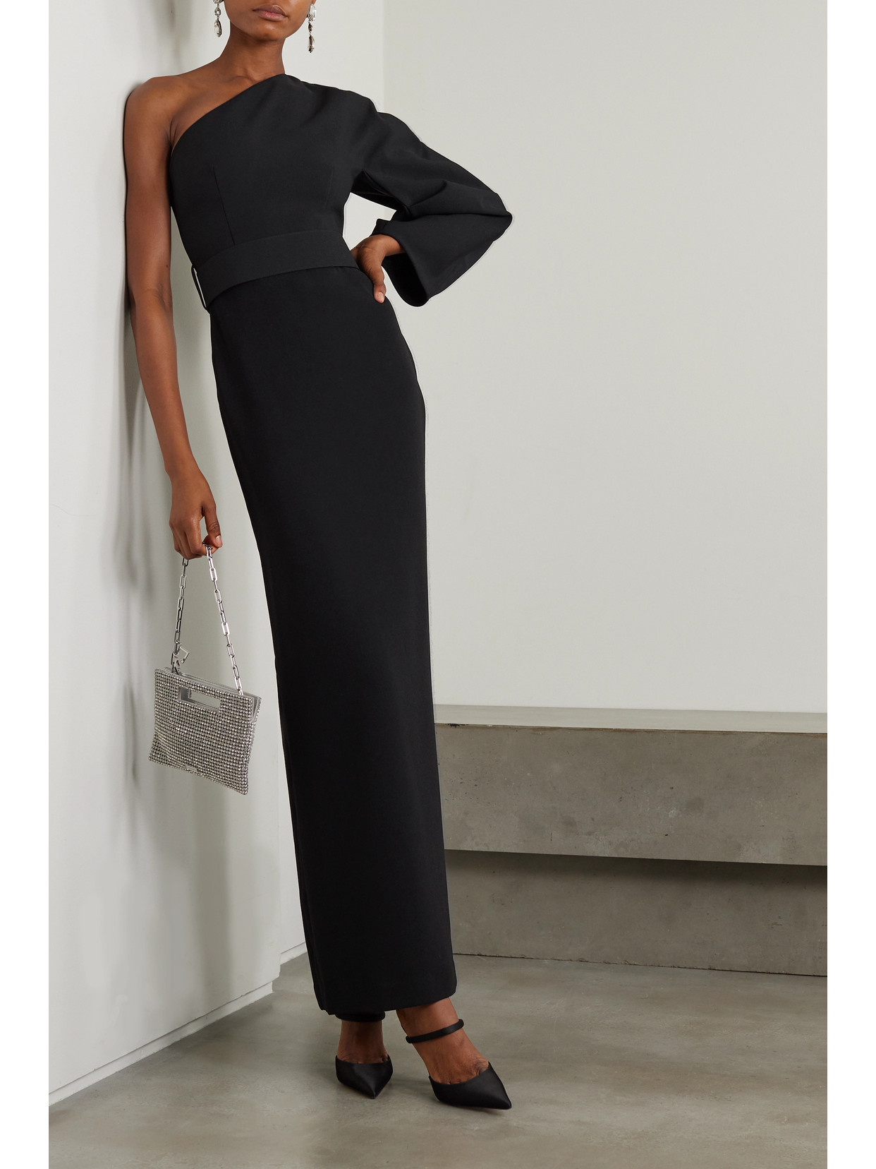 Shop Solace London Zaya One-shoulder Belted Crepe Maxi Dress In Black