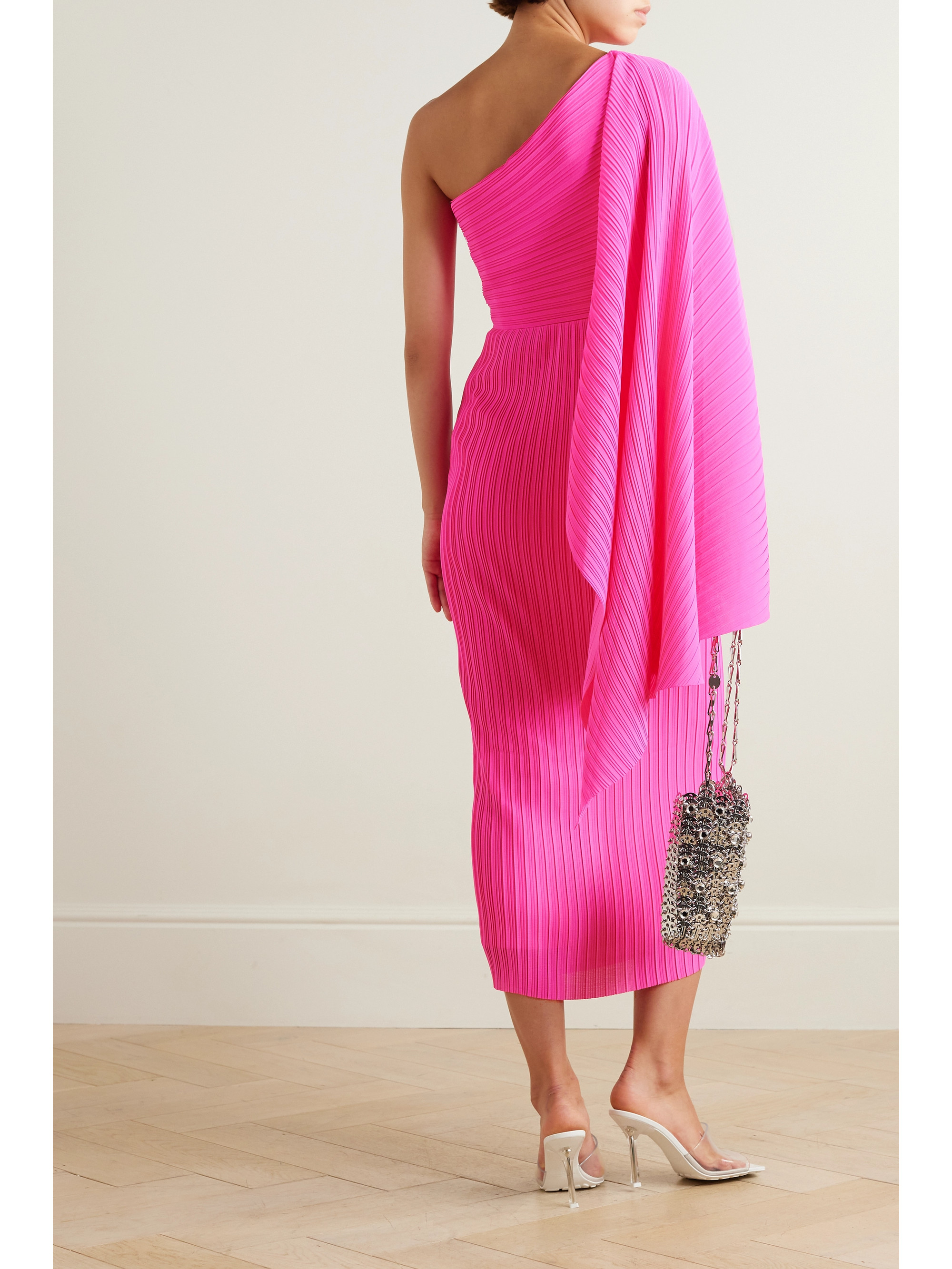 Solace London Lenna one-sleeve draped plissé-chiffon midi dress